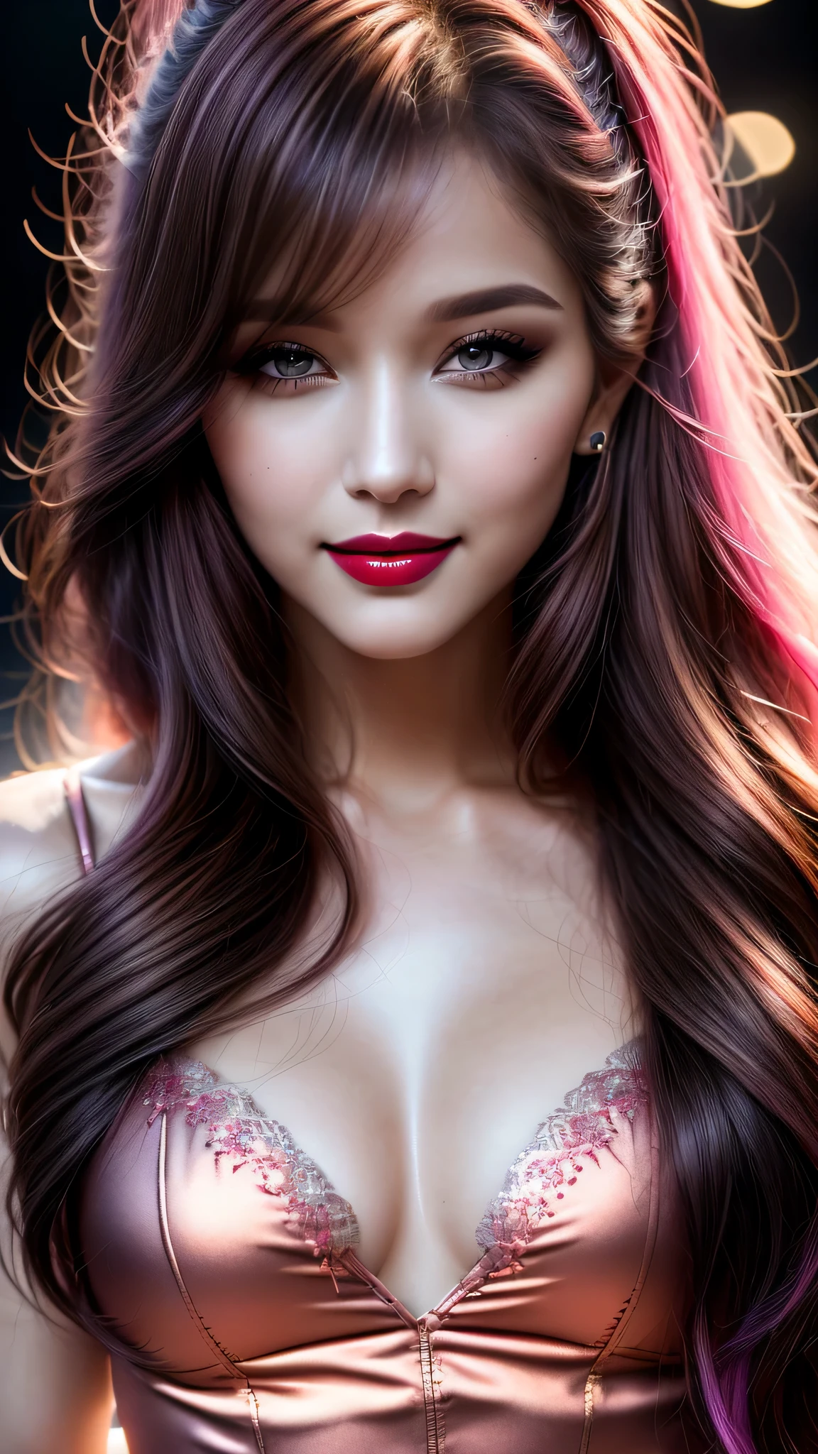 Ultra-realistic movie master pie with ultra-detailed primetime portraits, high quality, 8K, table top, Ultra HD), 1 girl 25 years old、fashion supermodel, ((Random style and color hair)), masterpiece, high quality, high quality, High resolution、(close up of face), black_mascara put in Long eyelashes:1.5, dark (eyesshadows:1.35), (Glossy) red_lips:1.44, ((brown_eyes)), iridescent eyes, vibrant eyes:1.2, contrast, pink shot:1.175, ((seductive smile))