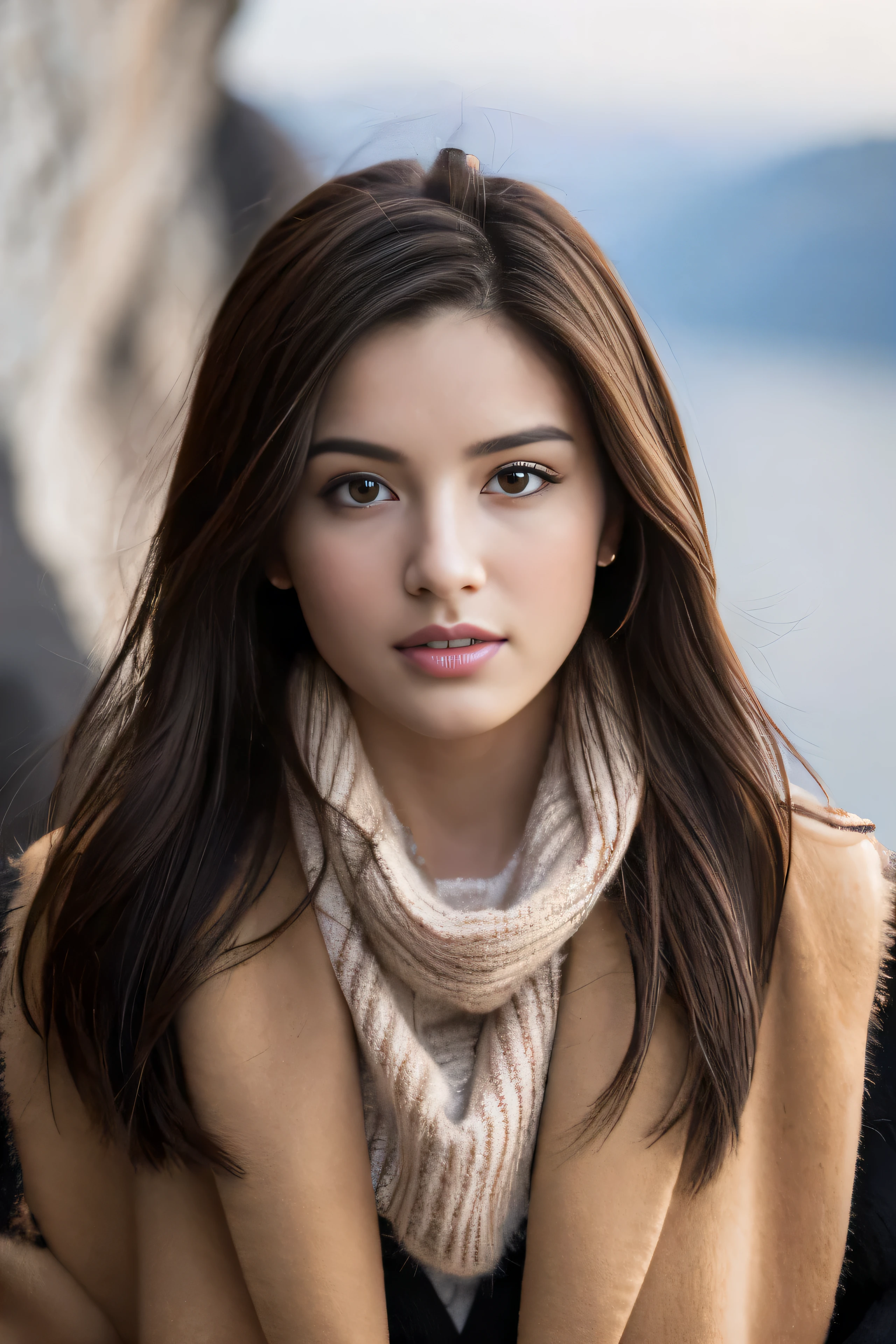 chrrblssm (sharp focus:1.2), photograph, attractive young woman, (beautiful face:1.1), fine eyes, luscious lips, (smoky eye makeup:0.85), wear (fur coat:1.2) to (崖の上to:1.2). (moody lighting:1.2), Depth of written boundary, Bokeh, 4K, HDR. toよる (james c. Christensen:1.2|Jeremy Lipking:1.1).