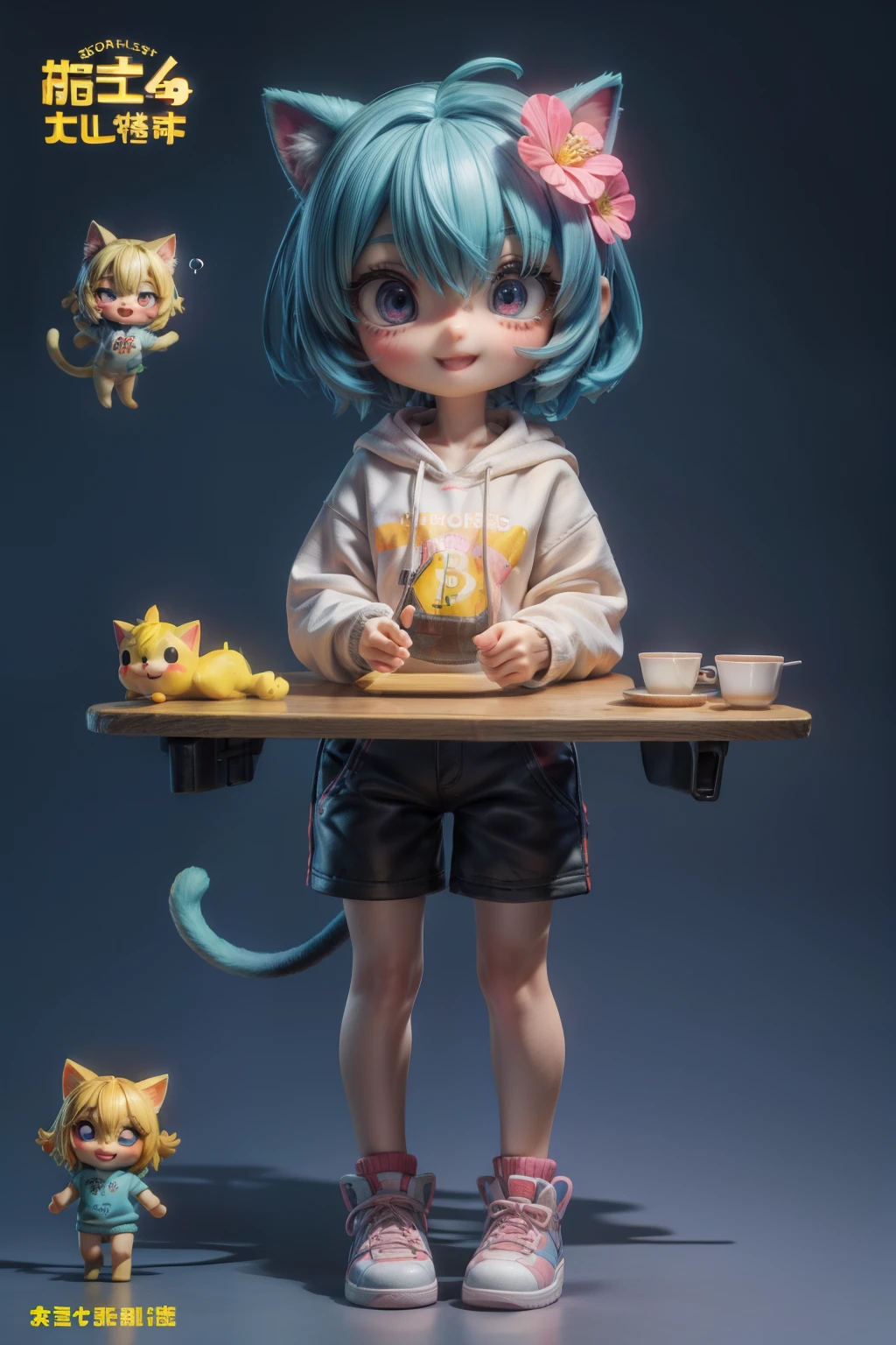 Super Lovely kitten full body 3d drawing wearing a Bitcoin sweatshirt and shorts, 1pc, nice eyes, big eyes, Lovely, happy, c4d, pop matte blind box, glow的气泡, Toy, solid color background, chibi, Fluorescent translucent, glow, kawaii, Toy娃娃, reference table, Bubble Mart Blind Box, Pixar, intricate details, 3d rendering, mixer, Overclocked renderer, 身体Reference table, dribbble , high detail, 8k, studio lighting, Change, small, kitten, chibi, SD character: 1.1, flower shop background