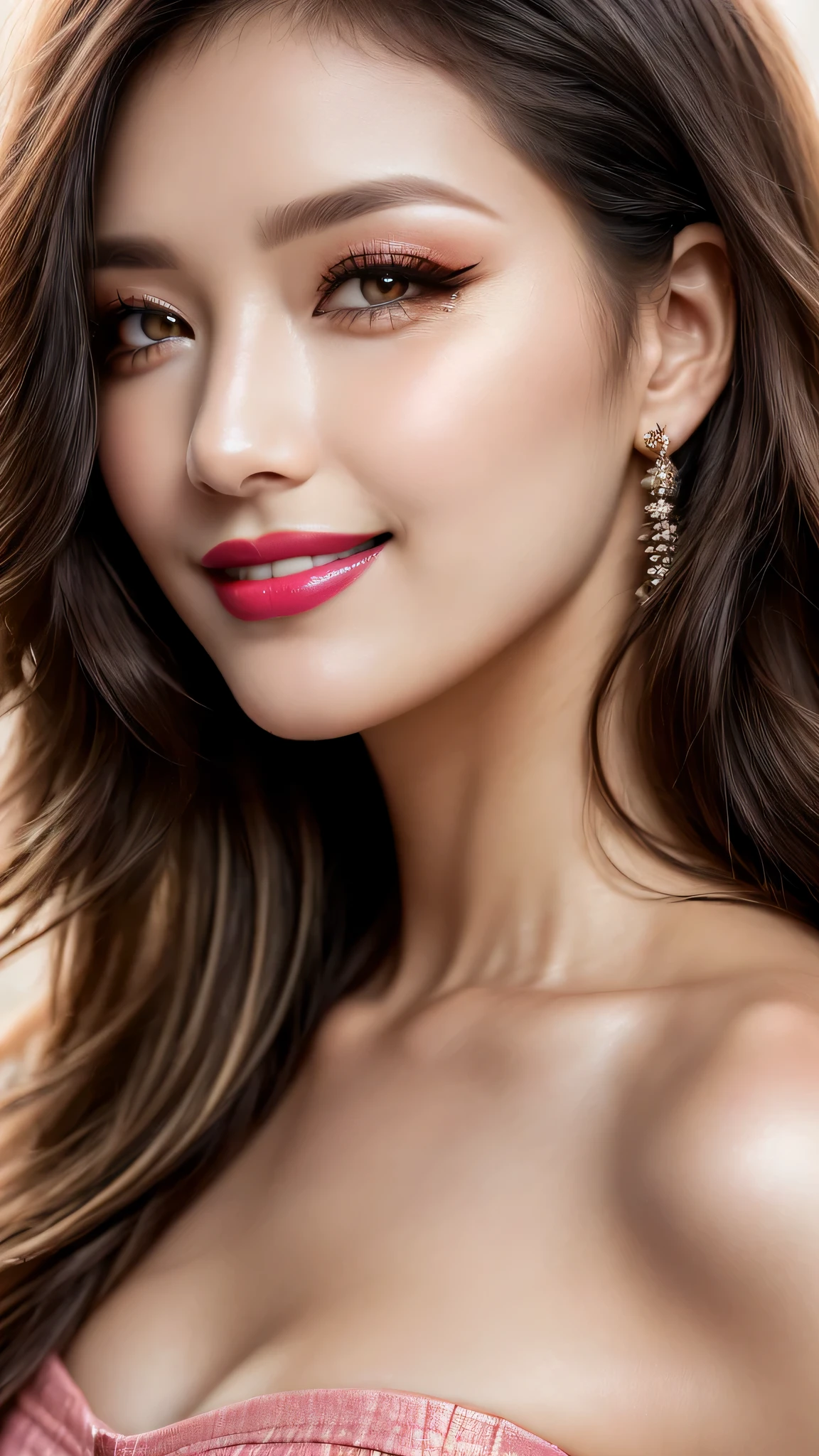 Ultra-realistic movie master pie with ultra-detailed primetime portraits, high quality, 8K, table top, Ultra HD), 1 girl 25 years old、fashion supermodel, ((Random style and color hair)), masterpiece, high quality, high quality, High resolution、(close up of face), black_mascara put in Long eyelashes:1.5, dark (eyesshadows:1.35), (Glossy) red_lips:1.44, ((brown_eyes)), iridescent eyes, vibrant eyes:1.2, contrast, pink shot:1.175, ((seductive smile))