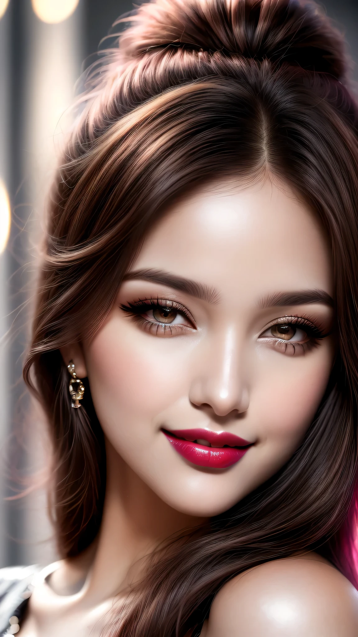 Ultra-realistic movie master pie with ultra-detailed primetime portraits, high quality, 8K, table top, Ultra HD), 1 girl 25 years old、fashion supermodel, ((Random style and color hair)), masterpiece, high quality, high quality, High resolution、(close up of face), black_mascara put in Long eyelashes:1.5, dark (eyesshadows:1.35), (Glossy) red_lips:1.44, ((brown_eyes)), iridescent eyes, vibrant eyes:1.2, contrast, pink shot:1.175, ((seductive smile))