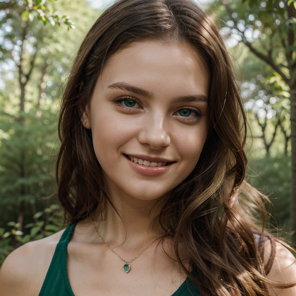 Young woman, german, 24 years old, blonde with brunette tints, green eyes, smiling, elegant, mysterious expression, in the forest, realistic style, (1girl:1.3)