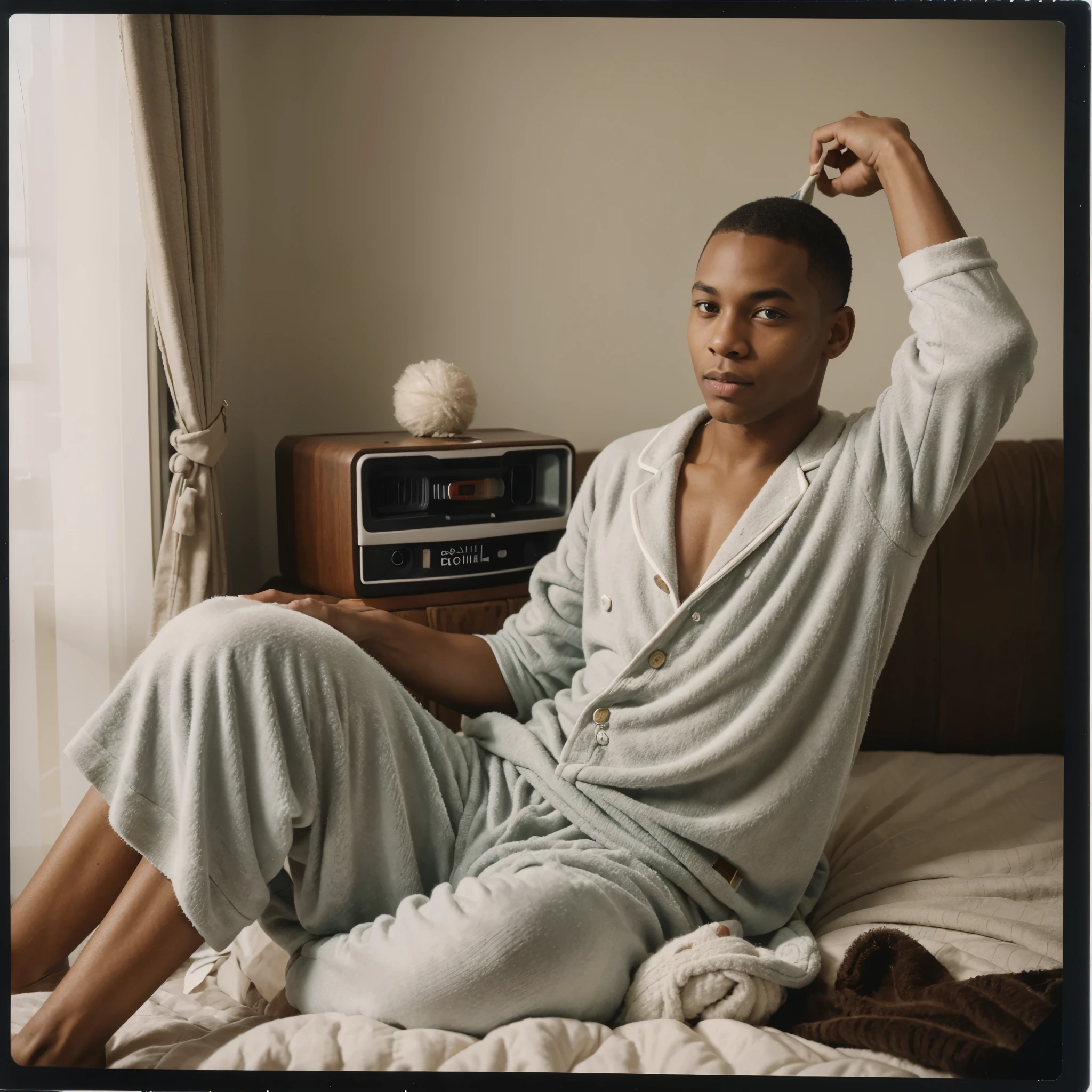 A lowight 1980s polaroid camera image of A young African American jock with shaved hair, dressed wearing wool pajamas, realistic 32k