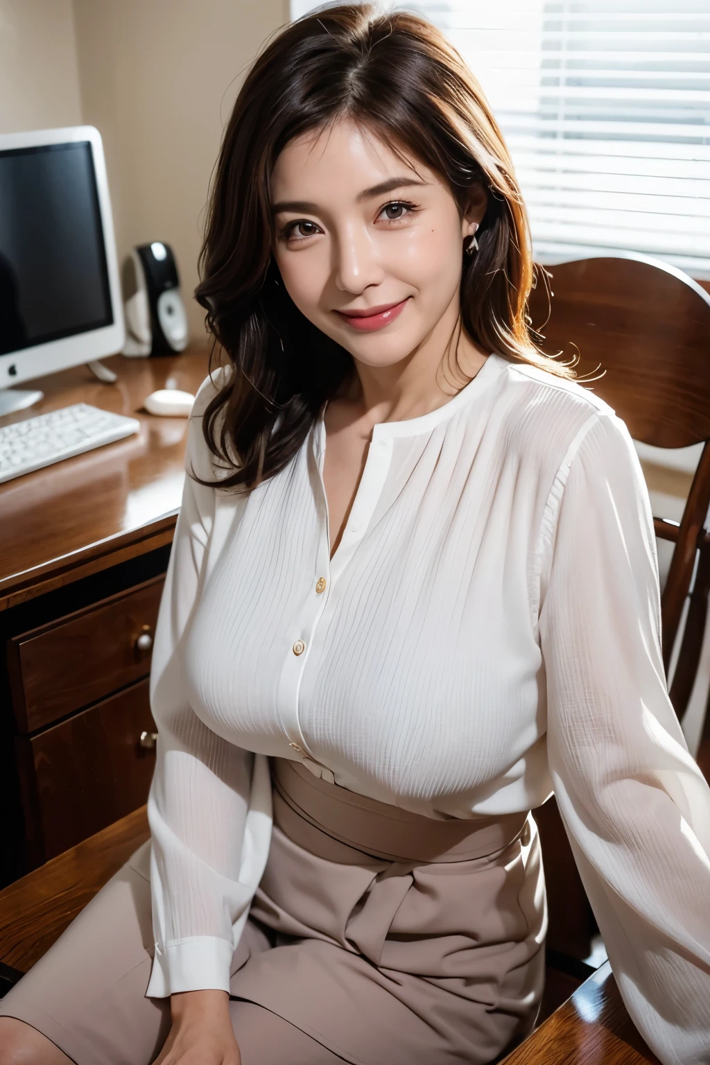 (Masterpiece: 1.4), High resolution, realistic,, photo-realistic, clear, professional lighting,Highest quality, RAW, 8K, (50 year old woman: 1.4), (Face wrinkles: 1.4), Beautiful woman, (Suits: 1.4), (Smile: 1.3), (Beautiful woman: 1.3 ), office, daytime, pleasant breeze, bright sunlight, desk, chair, Japanese mature woman, blouse, asian girl, boobies, Young beauty spirit , JeeSoo , eungirl