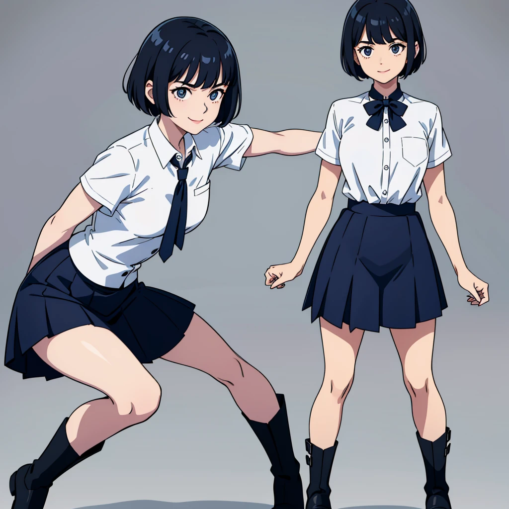 Full body shot of a posed woman、blank background、Short sleeve shirt with white collar、navy short skirt、looking here、black hair、have bangs、black short boots、The eyes are drawn with the most precision.、black eye、Precise human body structure、two arms、two legs、smile、solid color background