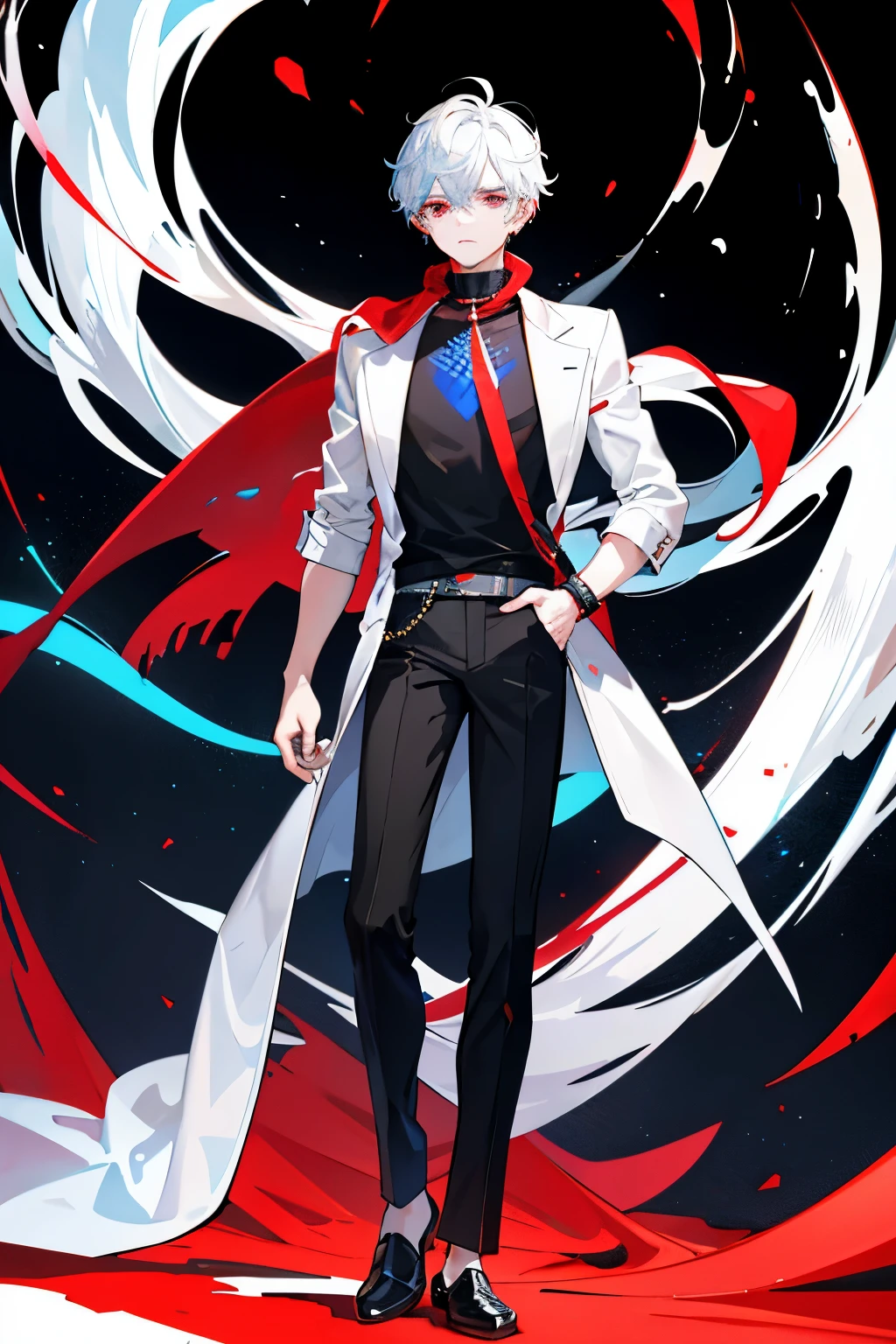 Boy with striking features, standing at a height of 1.65 meters, clad in black pants accentuated with a crisp white stripe, and a white t-shirt bearing a large diagonal cut on the front, revealing a hint of muscular definition. A white coat draped over his shoulders, adding an air of sophistication to his attire. White slippers completed his outfit, keeping his feet warm and comfortable. His bright blue and red eyes, reminiscent of vibrant gemstones, glinted with curiosity and intelligence. A large red scarf encircled his neck, providing a splash of color against the backdrop of the black background. The scene came alive with a very bright light yellow