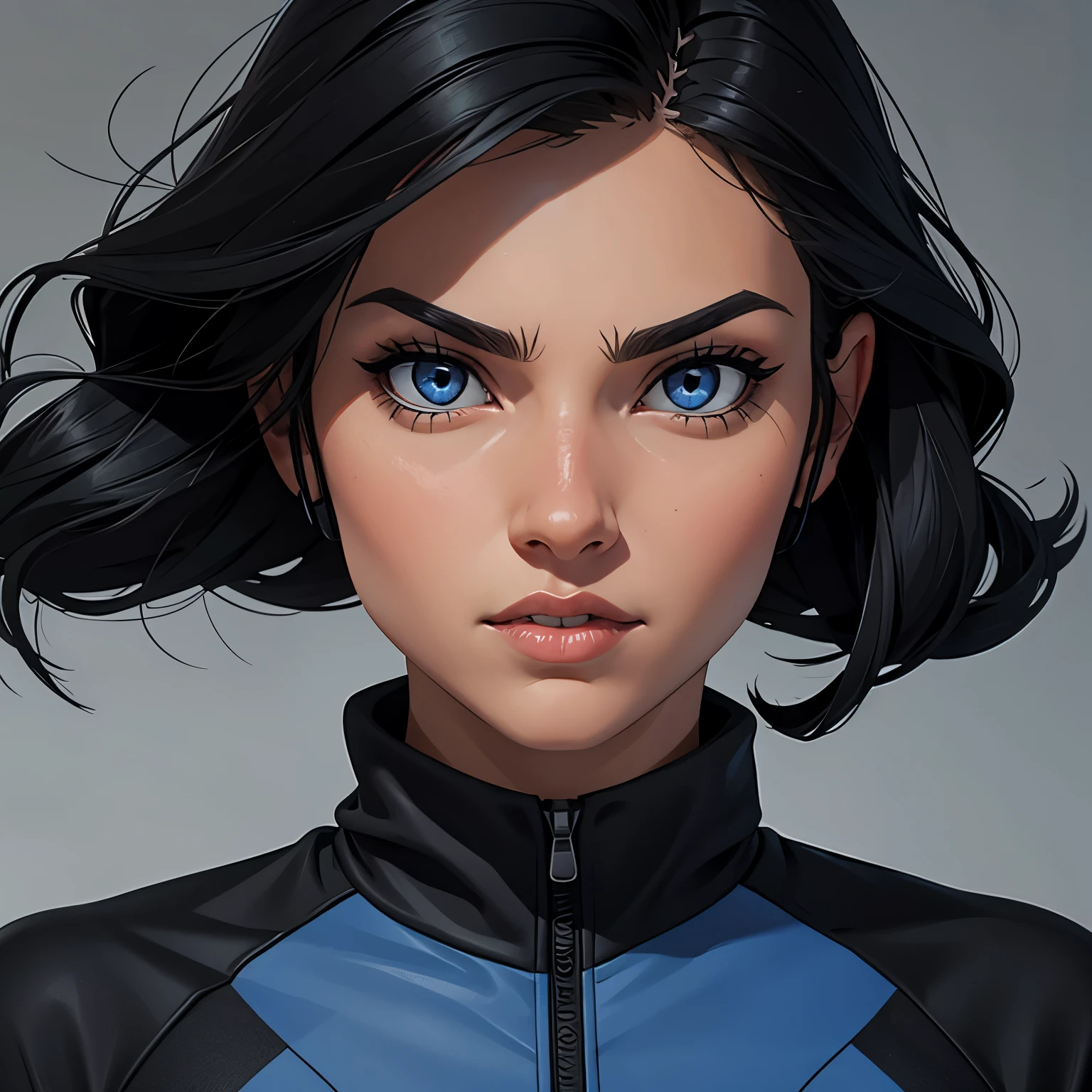 Create a woman cyclist character in black uniform with blue-grey eyes black hair