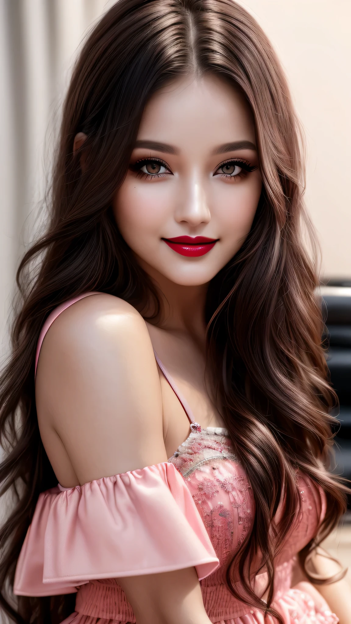 Ultra-realistic movie master pie with ultra-detailed primetime portraits, high quality, 8K, table top, Ultra HD), 1 girl 25 years old、fashion supermodel, ((Random style and color hair)), masterpiece, high quality, high quality, High resolution、(close up of face), black_mascara put in Long eyelashes:1.5, dark (eyesshadows:1.35), (Glossy) red_lips:1.44, ((brown_eyes)), iridescent eyes, vibrant eyes:1.2, contrast, pink shot:1.175, ((seductive smile))