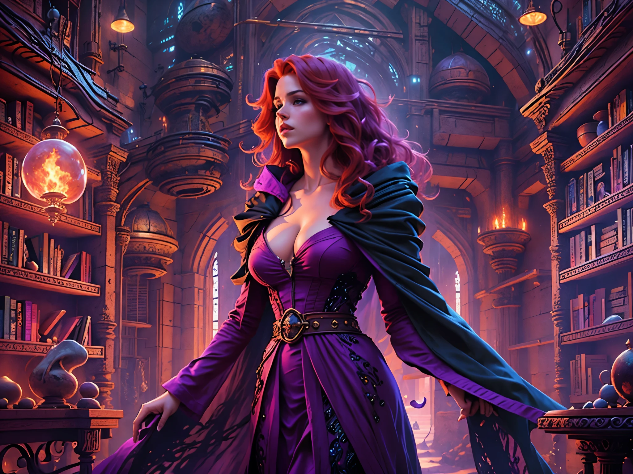 high details, best quality, 8k, [ultra detailed], masterpiece, best quality, (extremely detailed), full body, ultra wide shot, julie bell style (ultra details, Masterpiece, best quality), fantasy art, dnd art,fantasy art, realistic art, a sorceress casting a Glowing Purple spell in magical library (ultra details, Masterpiece, best quality), exquisite beautiful human woman (ultra details, Masterpiece, best quality), red hair, long hair, (long black dress: 1.2), (white cloak: 1.3), high heeled boots (ultra details, Masterpiece, best quality) Glowing Purple