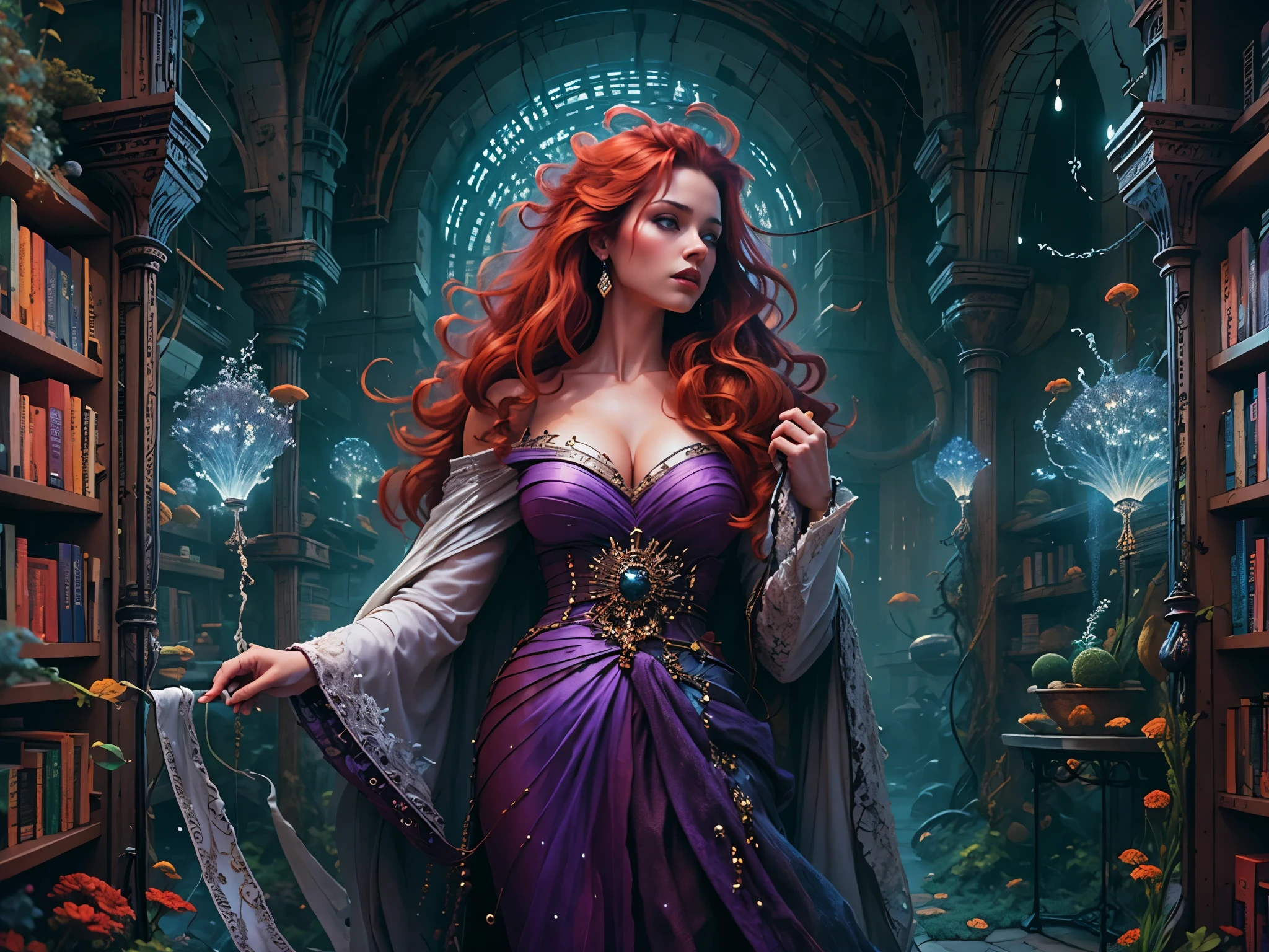 high details, best quality, 8k, [ultra detailed], masterpiece, best quality, (extremely detailed), full body, ultra wide shot, julie bell style (ultra details, Masterpiece, best quality), fantasy art, dnd art,fantasy art, realistic art, a sorceress casting a Glowing Purple spell in magical library (ultra details, Masterpiece, best quality), exquisite beautiful human woman (ultra details, Masterpiece, best quality), red hair, long hair, (long black dress: 1.2), (white cloak: 1.3), high heeled boots (ultra details, Masterpiece, best quality) Glowing Purple