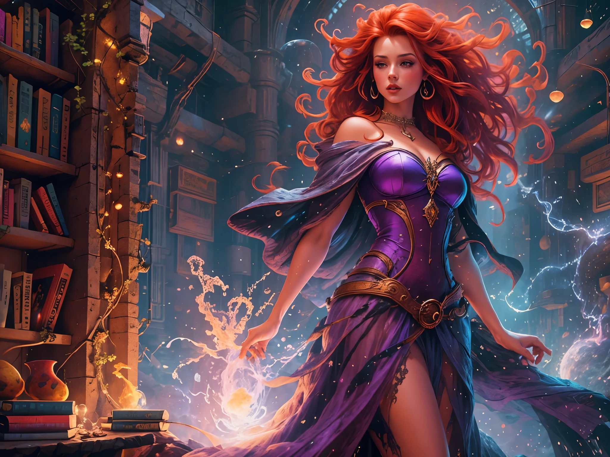 high details, best quality, 8k, [ultra detailed], masterpiece, best quality, (extremely detailed), full body, ultra wide shot, julie bell style (ultra details, Masterpiece, best quality), fantasy art, dnd art,fantasy art, realistic art, a sorceress casting a Glowing Purple spell in magical library (ultra details, Masterpiece, best quality), exquisite beautiful human woman (ultra details, Masterpiece, best quality), red hair, long hair, (long black dress: 1.2), (white cloak: 1.3), high heeled boots (ultra details, Masterpiece, best quality) Glowing Purple