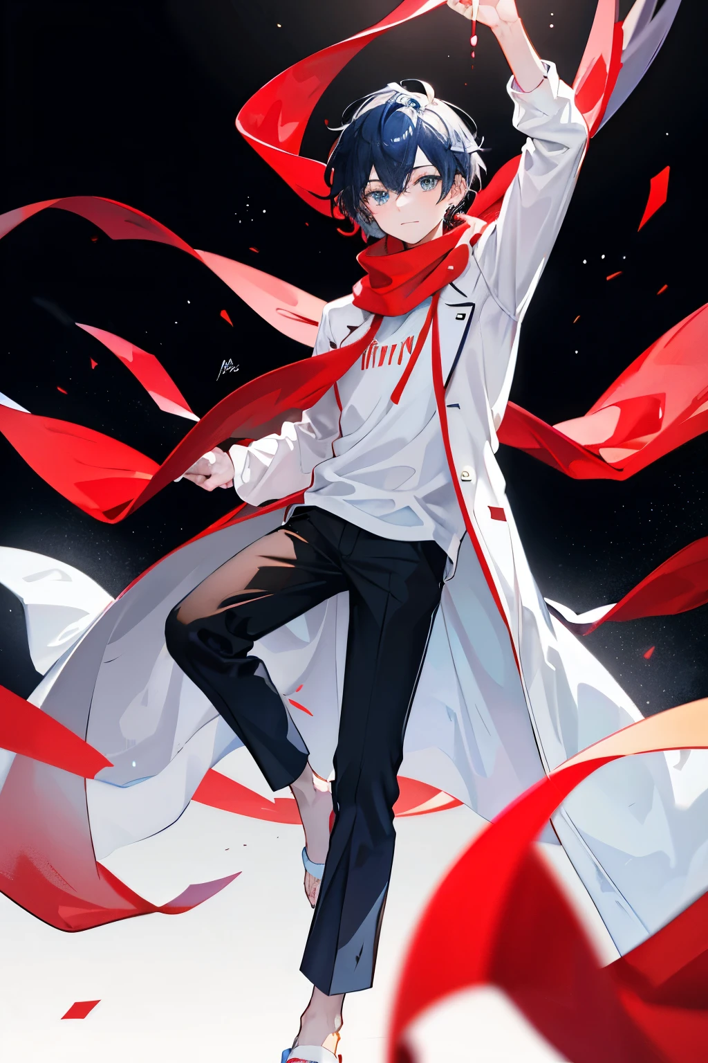 Masterpiece, best quality, 1 boy, solo, male focus, height 1.65 meters, wearing black pants with a white stripe, a white t-shirt featuring a large diagonal cut on the front, donning a white coat, and slippers in white. His eyes, striking and vivid, are a mixture of bright blue and red. Draped around his neck is a large red scarf. Against the backdrop of a black background, a very bright light yellow light illuminates from a distinct point, casting an alluring glow on the scene.