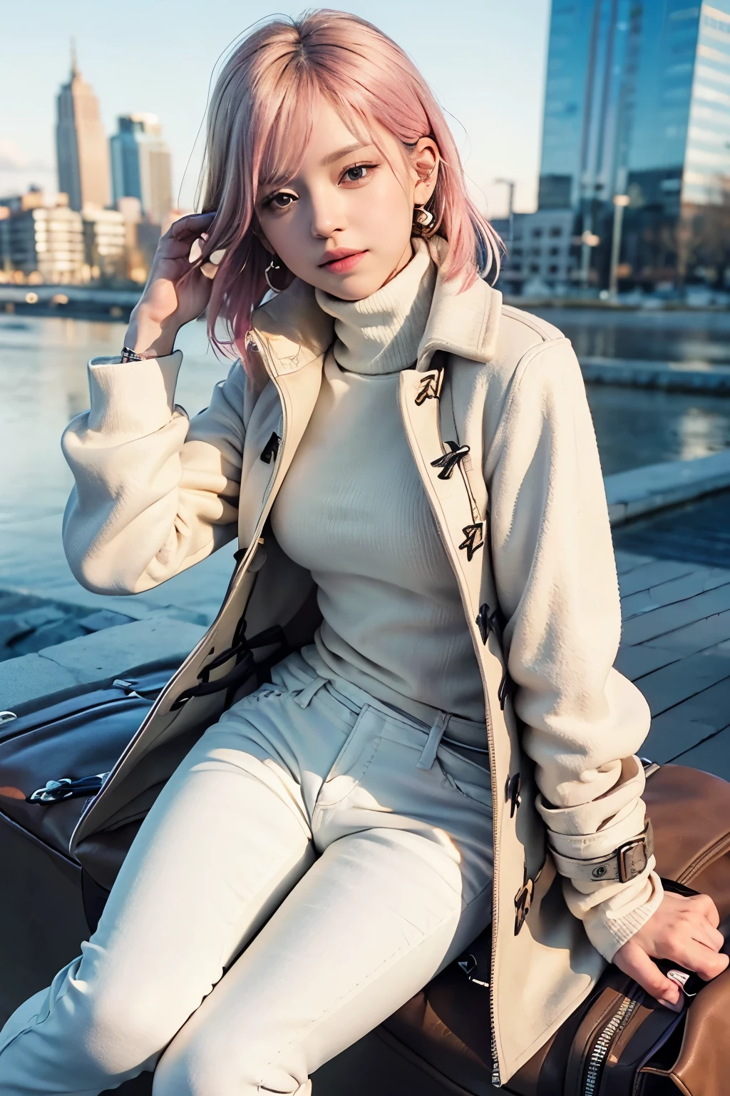 (8K, top-quality, masterpiece:1,2), (reallistic, Photorealsitic:1.37), Super Detail, One girl,), (Highly detailed), (beautifully detailed eyes), (of the highest quality), (super detailed ), (masterpiece), (Detailed face),20yr old, ,1 girl, ((pink hair)), medium breasts, clothed, Perfect Lighting, pussy and breast focus, looking at viewer, (beige duffle coat:1.3), (white turtleneck sweater:1.4), (black skinny jeans:1.5), (brown leather boots:1.3), (silver earrings:1.2), (silver watch:1.2), bob hair, pink hair, bangs, side hair tucked behind ears, beige duffle coat, white turtleneck sweater, black skinny jeans, brown leather boots, silver earrings, silver watch, smiling, looking at camera, holding collar of coat with right hand, left hand on waist, leaning forward, tilting head, blurred cityscape background, winter season, natural light from right upper diagonal direction, soft shadows, warm color temperature, moderate brightness