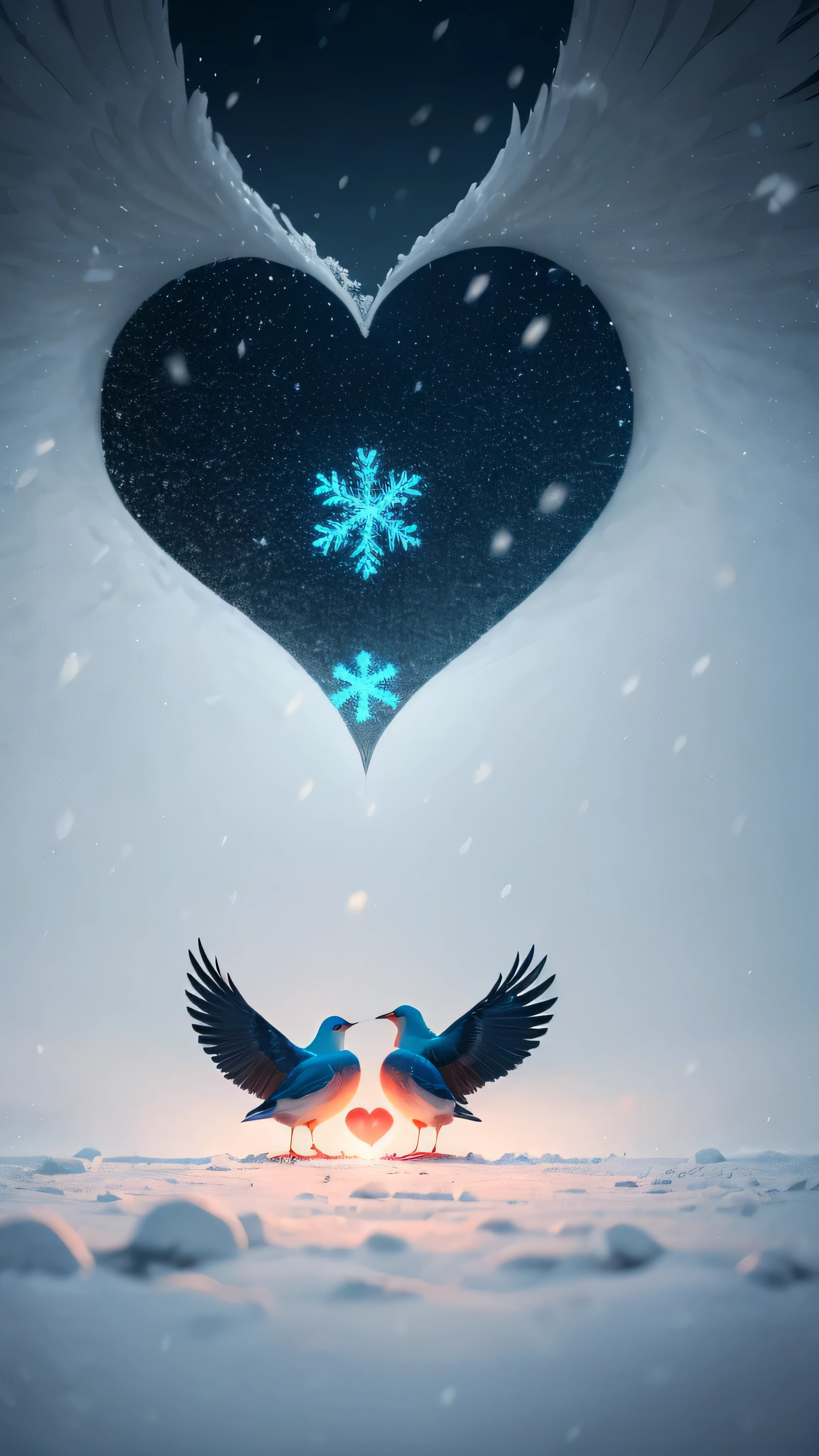 raw photo,Beautiful symmetrical red matte heart  ,blue snowflakes and white birds in the distance,. High image detail,Clear Focus, High Quality 8K,high contrast,