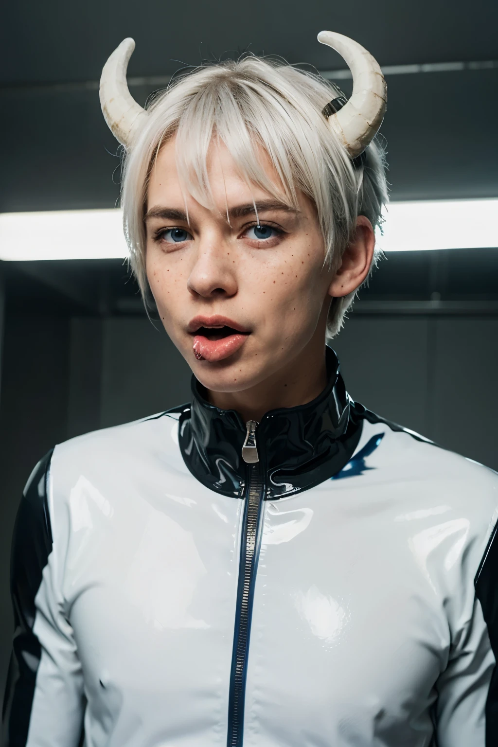 short white hair, blue eyes, freckles on face, demon horns,  spit, tongue out, sadistic mile , 1boy, mature man, latex suit, standing