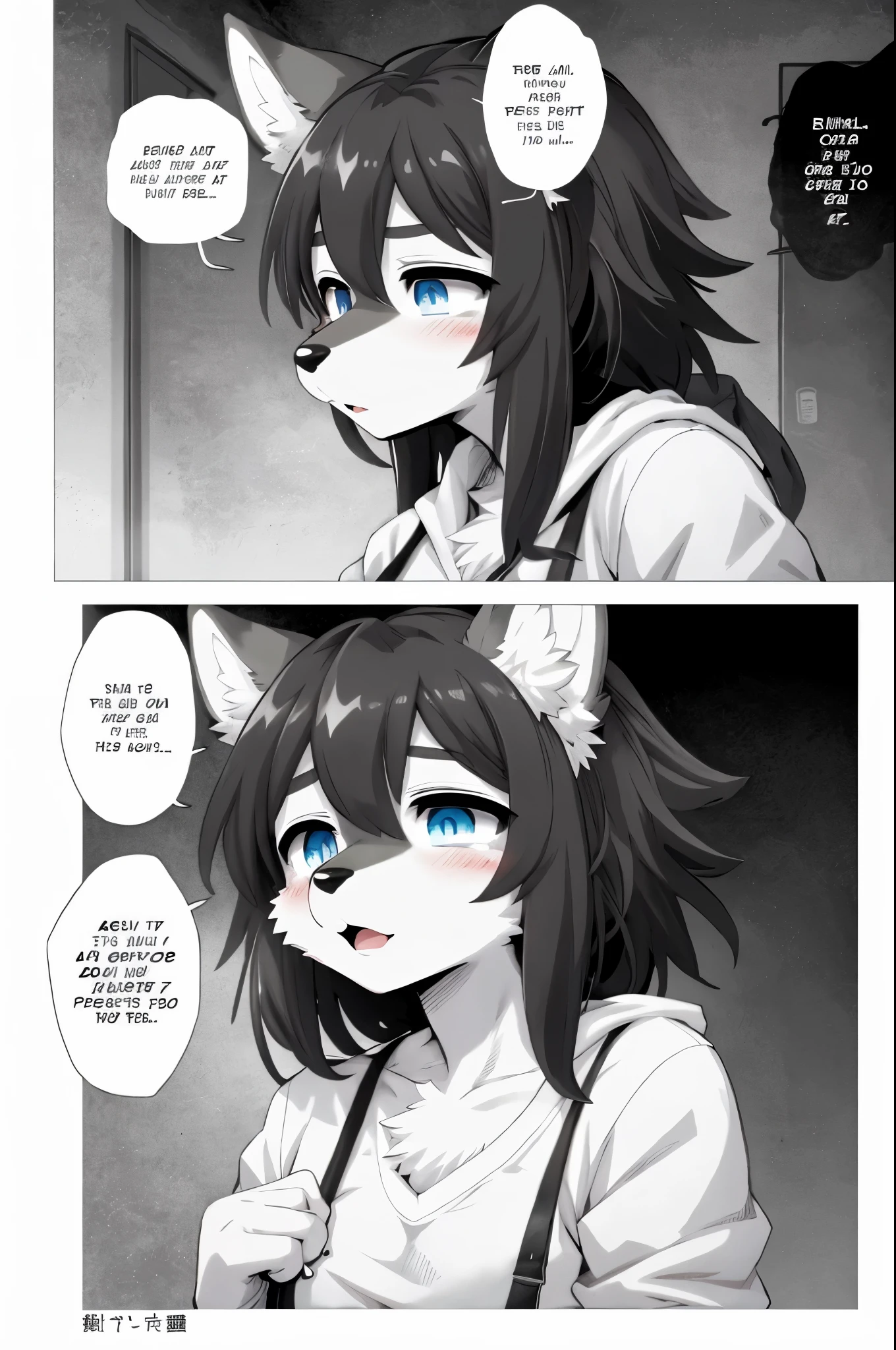 top quality, best quality, highres, unparalleled masterpiece, perfect artwork, paid reward available, indoor, couple of comics(super cute 1girl, 1wolf, kemono, furry anthro)tumblr, sosaku hanga, black and white manga page, manga page, doujin, ddlc, anime, comedy comic, black and white manga panel, zerochan,