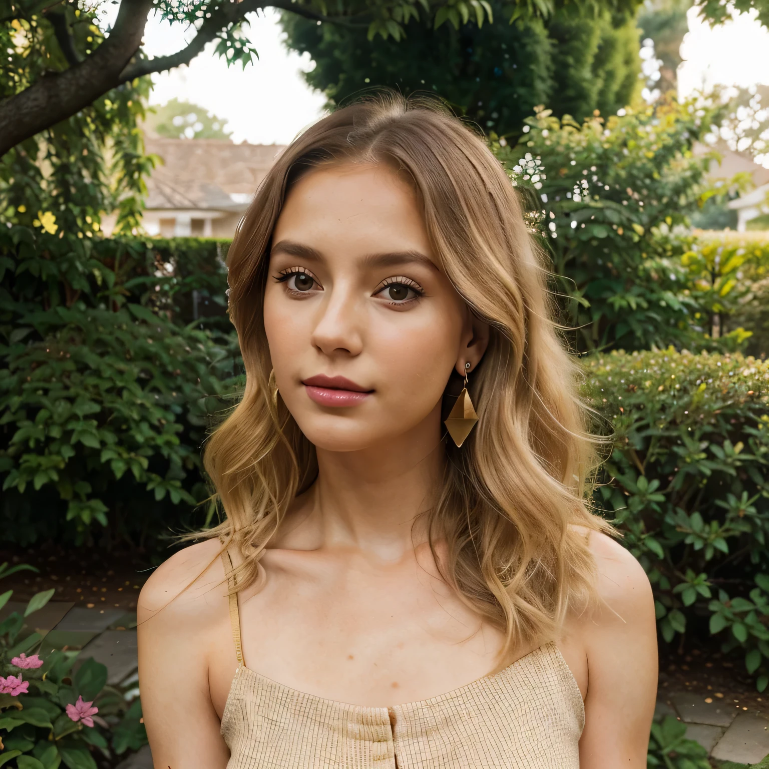 Une femme de 23 ans aux cheveux blonds ondulés mi-longs avec des racines châtain clair, maquillage subtil avec brillant à lèvres rose, et des vêtements de style vieil argent. Sa pose est gracieuse, et elle est accessoirisée avec des boucles d&#39;oreilles en or simples mais élégantes.. Selfie dans un jardin de luxe