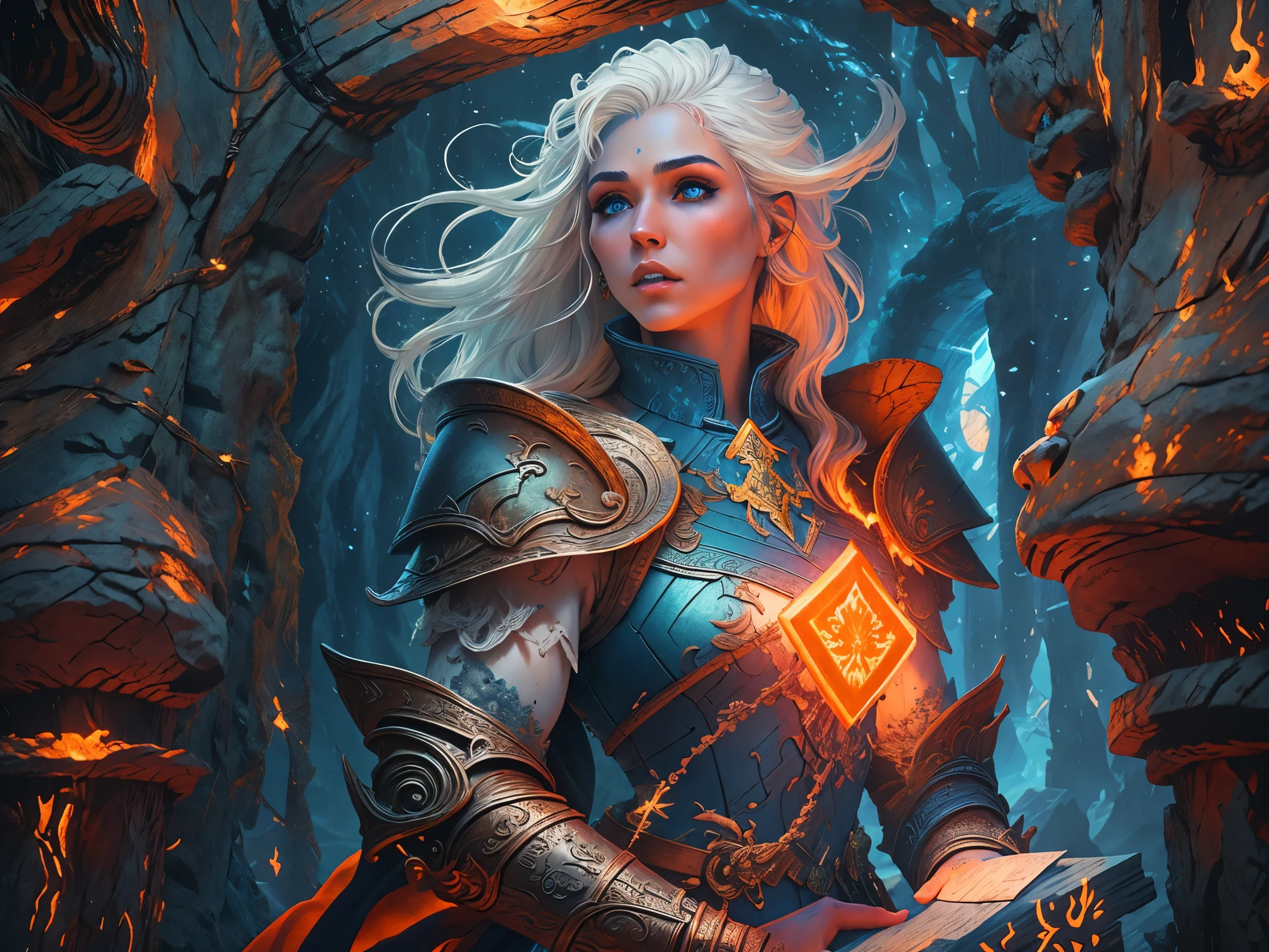 fantasy art, dnd art, RPG art, wide shot, (masterpiece: 1.4) portrait, intense details, highly detailed, photorealistic, best quality, highres, portrait a vedalken female (fantasy art, Masterpiece, best quality: 1.3) ((blue skin: 1.5)), intense details facial details, exquisite beauty, (fantasy art, Masterpiece, best quality) cleric, (blue colored skin: 1.5) 1person blue_skin, blue skinned female, (white hair: 1.3), long hair, intense green eye, fantasy art, Masterpiece, best quality) armed a fiery sword red fire, wearing heavy (white: 1.3) half plate mail armor, wearing high heeled laced boots, wearing an(orange :1.3) cloak, wearing glowing holy symbol GlowingRunes_yellow, within fantasy temple background, reflection light, high details, best quality, 16k, [ultra detailed], masterpiece, best quality, (extremely detailed), close up, ultra wide shot, photorealistic, RAW, fantasy art, dnd art, fantasy art, realistic art,