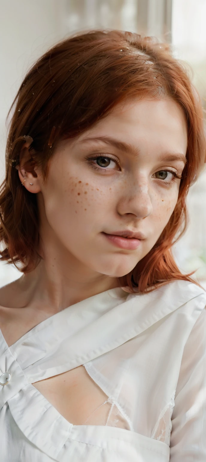 a woman with red hair and a white shirt looking at the camera, soft portrait shot 8 k, highly detailed vfx portrait, cinematic realistic portrait, cinematic beautiful natural skin, soft lighting and focus, cinematic portrait, 8k portrait render, high quality portrait, beautiful soft lighting, beautiful portrait lighting, portrait soft light, soft light from the side, photorealism 8k, androgynous face, nose piercing, small nose with freckles, freckles on the nose, pointy nose, small freckles, small lips pointy nose, perfect detailed face, facial piercings, cute freckles, piercing stare, thin button nose, buetifull, red hair, hair parted to the side, full-body view, full-body view, full-body view, snow white colored skin, pale skin, cute face, cute face, young,