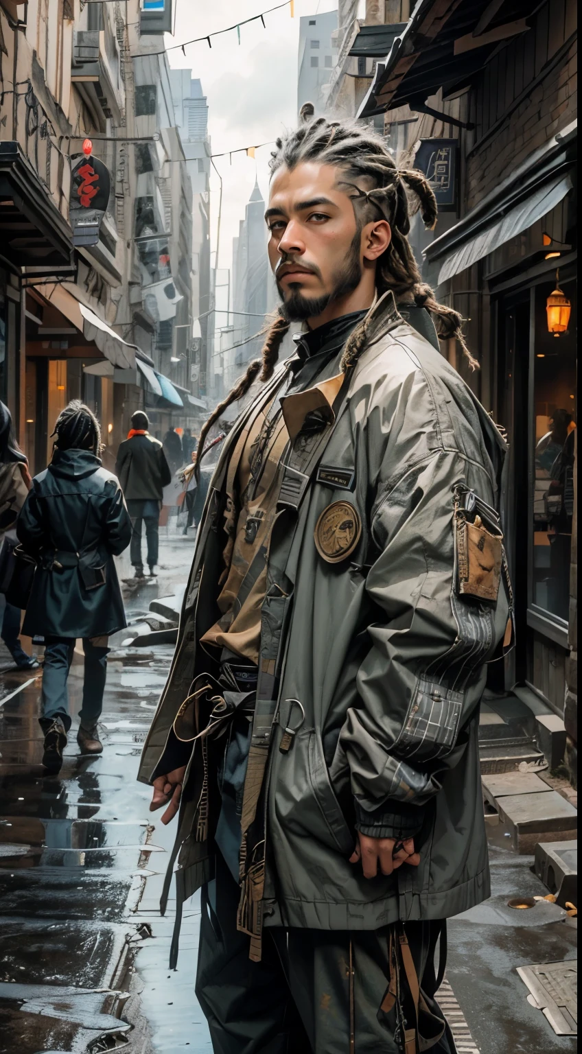 half body, mixed-race man, American American, goatee, short dreadlock hair, a little gray, dressed in a long jacket, shabby clothes, background paintings on the city wall