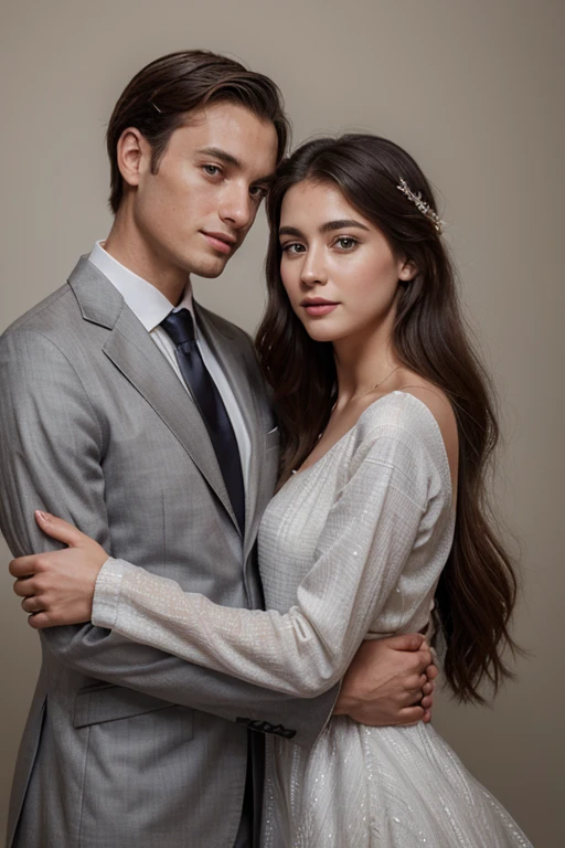 a beautiful young couple real human face without deformations look at each other she wears a dress he suit gray in love dream effect painting effect