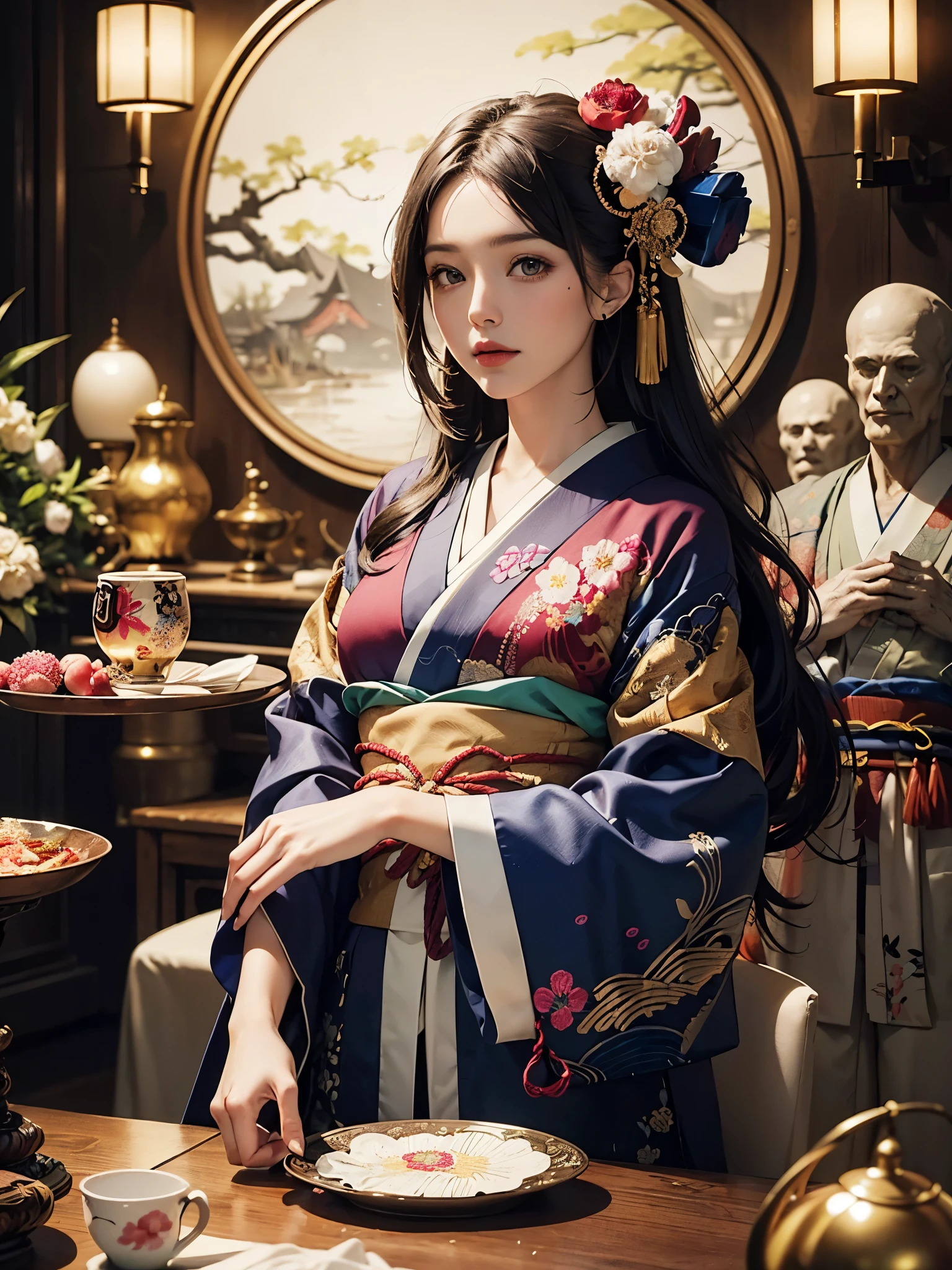 (table top, highest qualityの, highest quality, official art, beautiful and aesthetic:1.2), (1 girl),elaborate costumes(luxurious japanese kimono(colorful kimono(fine embroidery))), very detailed,(fractal art),colorful,best details