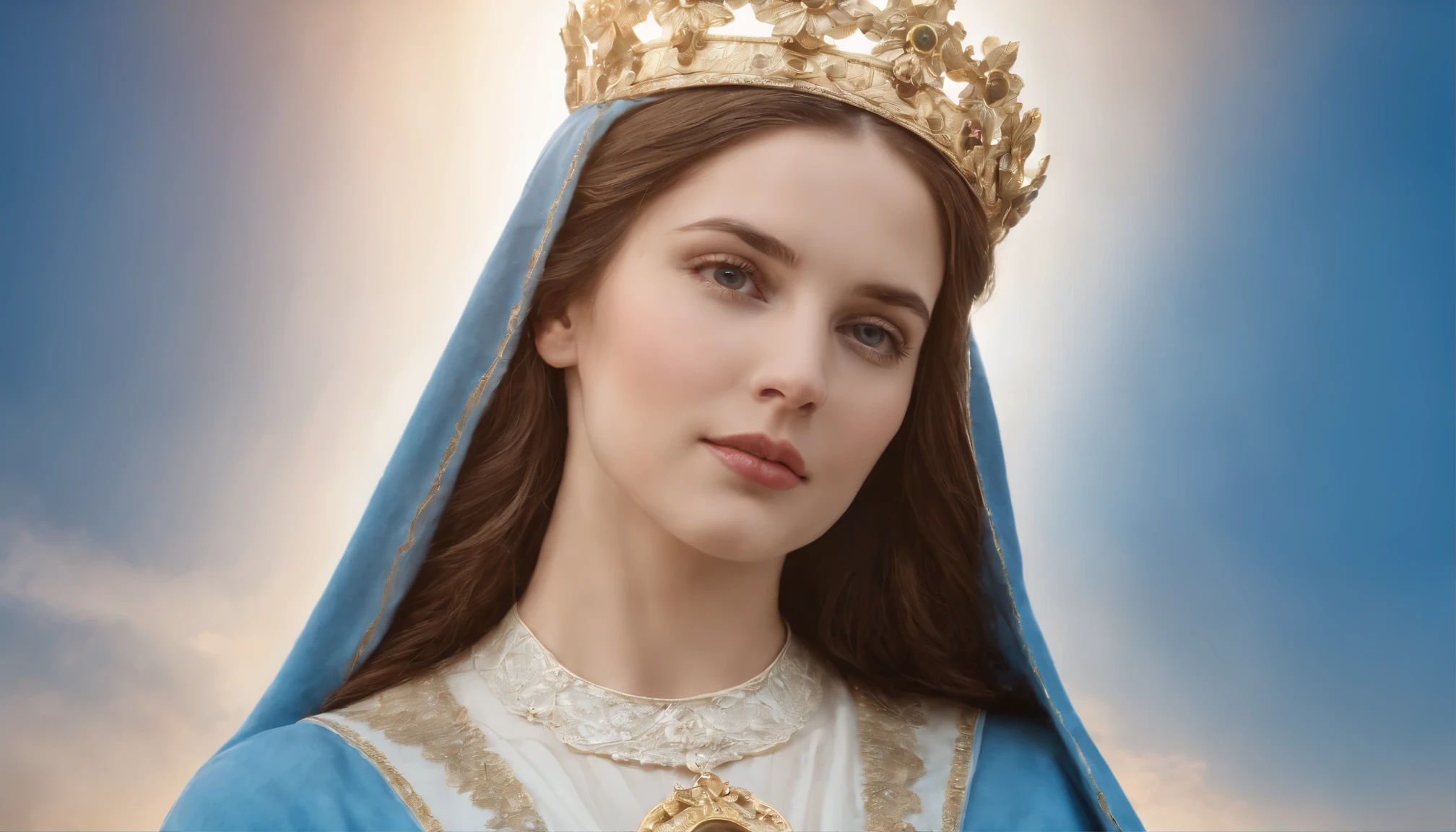 virgem maria, queen of heaven, nossa senhora, blue sky, semblante calmo e sereno, acolhedora, gem
