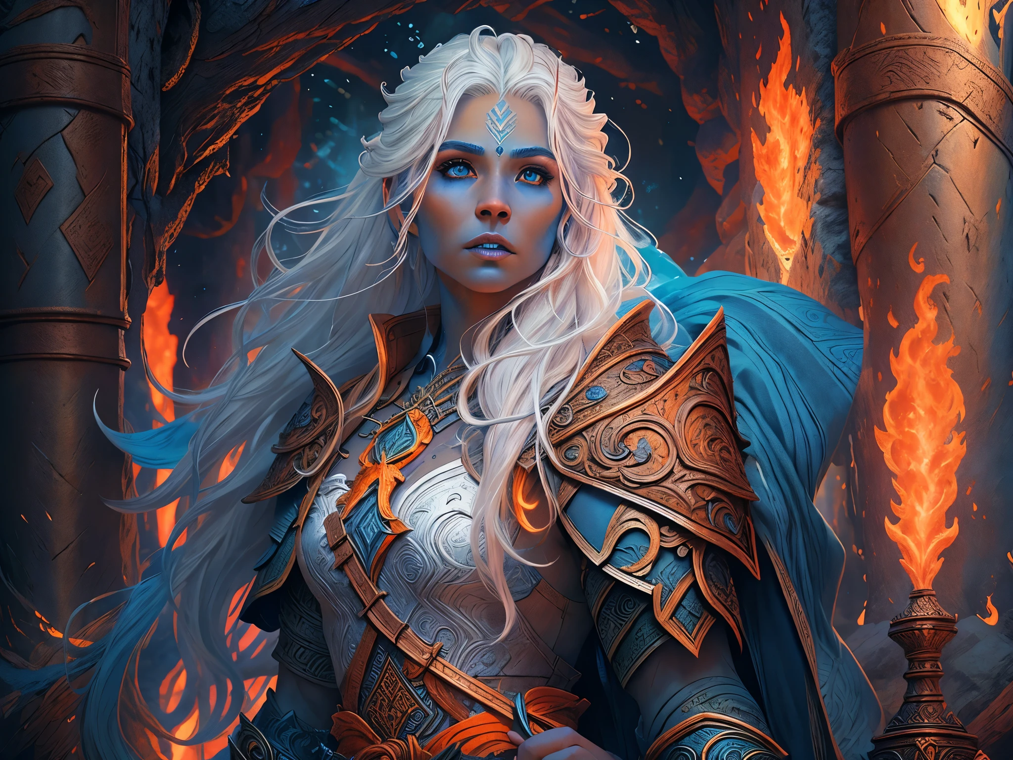 fantasy art, dnd art, RPG art, wide shot, (masterpiece: 1.4) portrait, intense details, highly detailed, photorealistic, best quality, highres, portrait a vedalken female (fantasy art, Masterpiece, best quality: 1.3) ((blue skin: 1.5)), intense details facial details, exquisite beauty, (fantasy art, Masterpiece, best quality) cleric, (blue colored skin: 1.5) 1person blue_skin, blue skinned female, (white hair: 1.3), long hair, intense green eye, fantasy art, Masterpiece, best quality) armed a fiery sword red fire, wearing heavy (white: 1.3) half plate mail armor, wearing high heeled laced boots, wearing an(orange :1.3) cloak, wearing glowing holy symbol GlowingRunes_yellow, within fantasy temple background, reflection light, high details, best quality, 16k, [ultra detailed], masterpiece, best quality, (extremely detailed), close up, ultra wide shot, photorealistic, RAW, fantasy art, dnd art, fantasy art, realistic art,