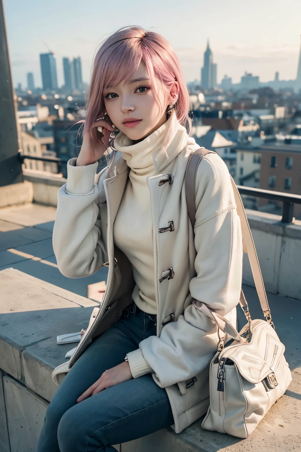 (8K, top-quality, masterpiece:1,2), (reallistic, Photorealsitic:1.37), Super Detail, One girl,), (Highly detailed), (beautifully detailed eyes), (of the highest quality), (super detailed ), (masterpiece), (Detailed face),20yr old, ,1 girl, ((pink hair)), medium breasts, clothed, Perfect Lighting, pussy and breast focus, looking at viewer, (beige duffle coat:1.3), (white turtleneck sweater:1.4), (black skinny jeans:1.5), (brown leather boots:1.3), (silver earrings:1.2), (silver watch:1.2), bob hair, pink hair, bangs, side hair tucked behind ears, beige duffle coat, white turtleneck sweater, black skinny jeans, brown leather boots, silver earrings, silver watch, smiling, looking at camera, holding collar of coat with right hand, left hand on waist, leaning forward, tilting head, blurred cityscape background, winter season, natural light from right upper diagonal direction, soft shadows, warm color temperature, moderate brightness