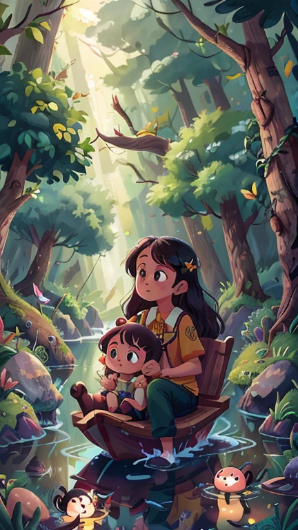 a mother，A girl in a little boat hugging each other, lost in a black lake in an enchanted forest，cabelo castanho encaracolado