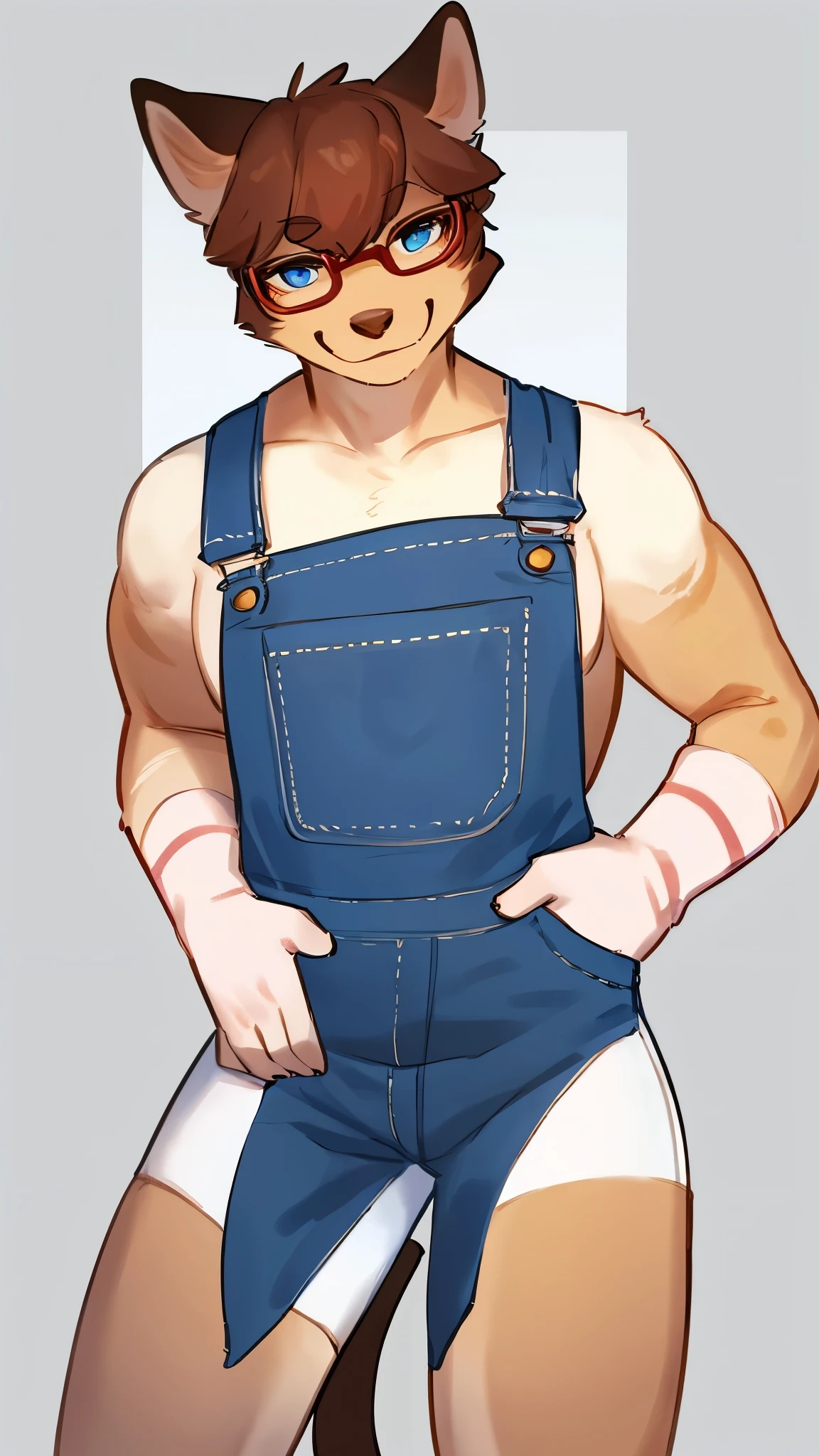 By bebebebebe, by lostgoose, by goonie-san, solo, snout, ears, feline, siamese cat, pale blue eyes, red glasses, brown hair, short hair, hair bangs, muscular, smiling, happy, ((white and pink striped leggings, curvy)), brown upper face, offwhite fur, denim overalls only, just wearing overalls, nude besides overalls