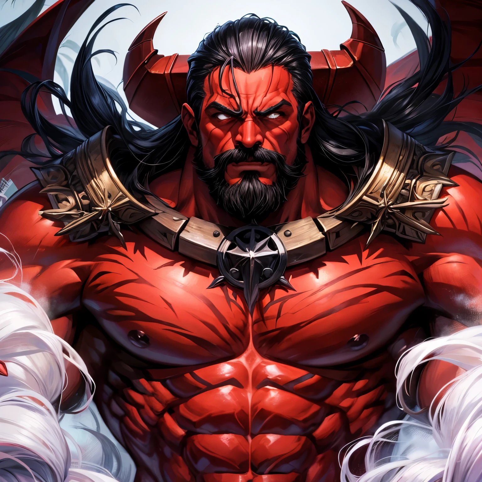Personagem de RPG, half-human demon red skin muscular, cabelos pretos longos barbicha e bigode, chifres apontados pra frente, armadura, 
