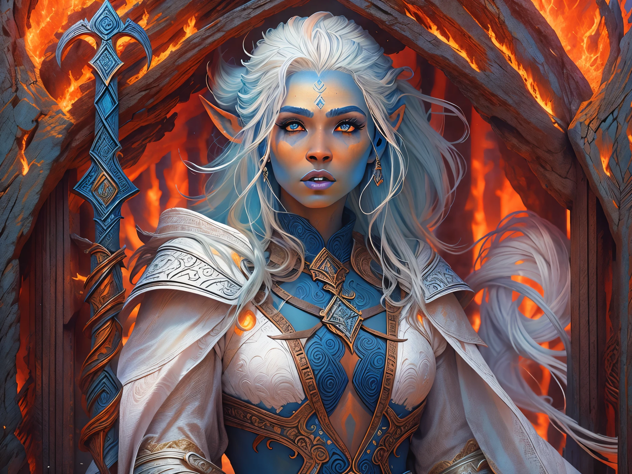 fantasy art, dnd art, RPG art, wide shot, (masterpiece: 1.4) portrait, intense details, highly detailed, photorealistic, best quality, highres, portrait a vedalken female (fantasy art, Masterpiece, best quality: 1.3) ((blue skin: 1.5)), intense details facial details, exquisite beauty, (fantasy art, Masterpiece, best quality) cleric, (blue colored skin: 1.5) 1person blue_skin, blue skinned female, (white hair: 1.3), long hair, intense green eye, fantasy art, Masterpiece, best quality) armed a fiery sword red fire, wearing heavy (white: 1.3) half plate mail armor, wearing high heeled laced boots, wearing an(orange :1.3) cloak, wearing glowing holy symbol GlowingRunes_yellow, within fantasy temple background, reflection light, high details, best quality, 16k, [ultra detailed], masterpiece, best quality, (extremely detailed), close up, ultra wide shot, photorealistic, RAW, fantasy art, dnd art, fantasy art, realistic art,