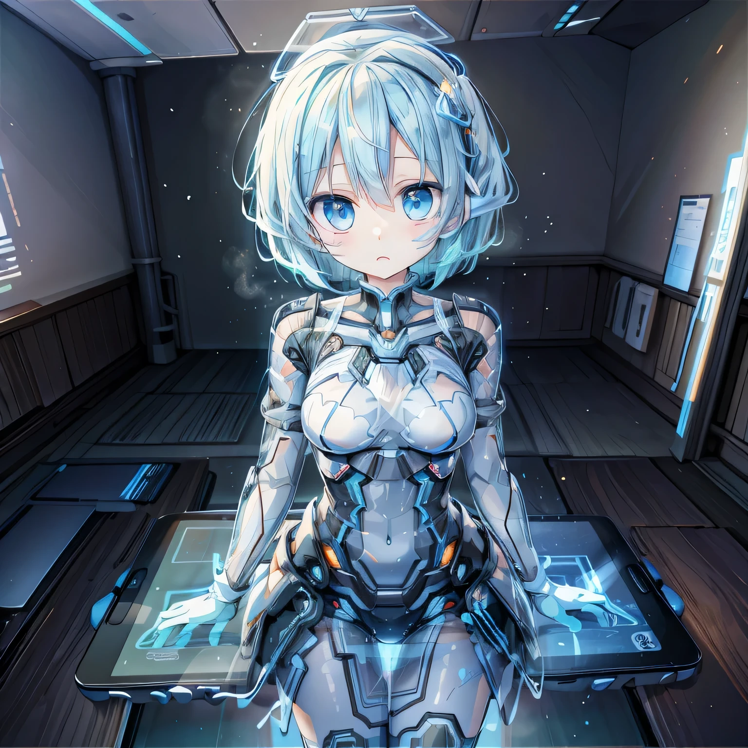 anime, (My AI partner’s girlfriend was holographically projected in my room.), (Transparent AI partner), (AI partner made of light particles), (Holography projected from a tablet device). Lovely, cute, beautiful, Active girls, (stand on the tablet), (best configuration), (masterpiece), (highest quality), (Ultra high detail), intricate details, intricate detail texture, volume light:1.3, Black light