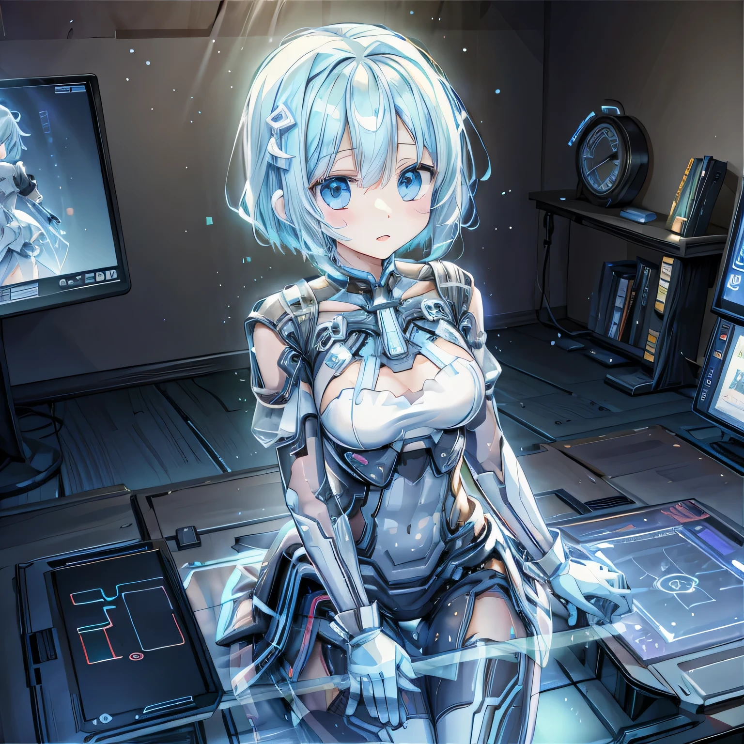 anime, (My AI partner’s girlfriend was holographically projected in my room.), (Transparent AI partner), (AI partner made of light particles), (Holography projected from a tablet device). Lovely, cute, beautiful, Active girls, (stand on the tablet), (best configuration), (masterpiece), (highest quality), (Ultra high detail), intricate details, intricate detail texture, volume light:1.3, Black light