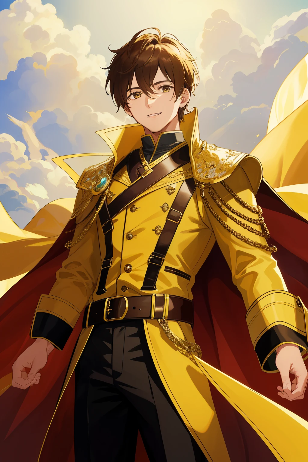 Masterpiece, best quality, (extremely detailed CG unified 8k wallpaper) (top-quality illustration), (best shade and lighting)
A happy boy, standing at a height of 1.65 meters, is the focal point of this masterpiece. He wears wide yellowish-black pants that elegantly contrast with his beige medium-long coat. The coat features brown sleeves, adding a warm touch to his outfit. A brown belt with a shiny yellow buckle cinches his waist, accentuating his figure.
Adorned with a cape that billows gently in the wind, the boy's youthful excitement is evident in his expressive post