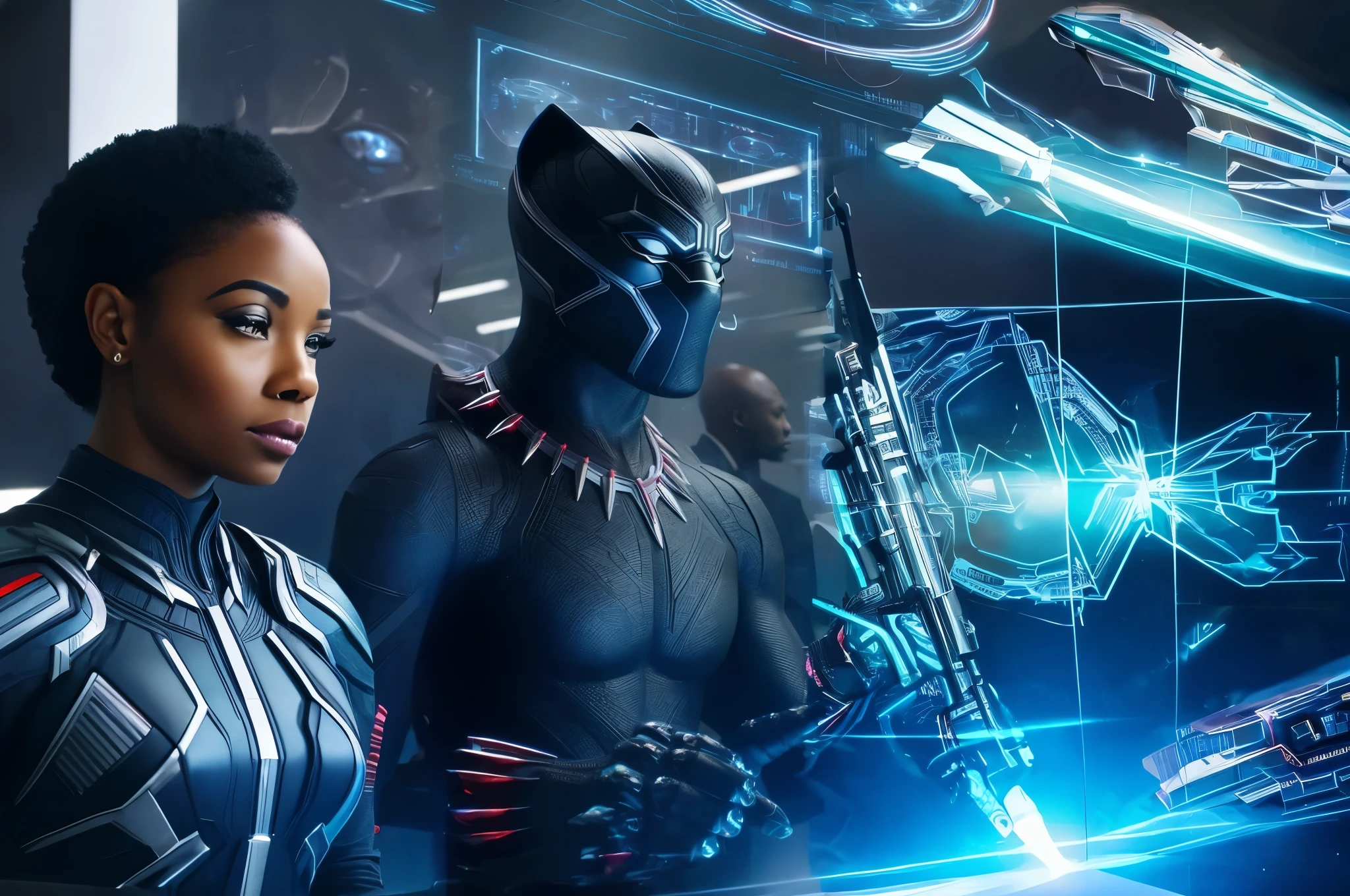 A beautiful African American female scientist in a futuristic looks over black panther's shoulder observing the diagram on display, best quality, 4k, Canon 50mm