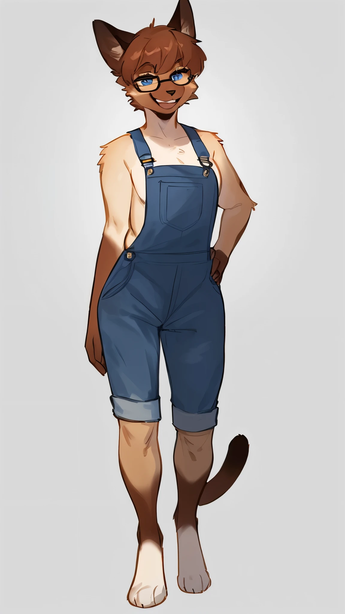 By bebebebebe, by lostgoose, by goonie-san, solo, snout, ears, feline, siamese cat, pale blue eyes, brown hair, short hair, hair bangs, muscular, smiling, happy, ((curvy)), brown upper face, offwhite fur, denim overalls only, just wearing overalls, nude besides overalls, female, medium breasts, (adult, mature)