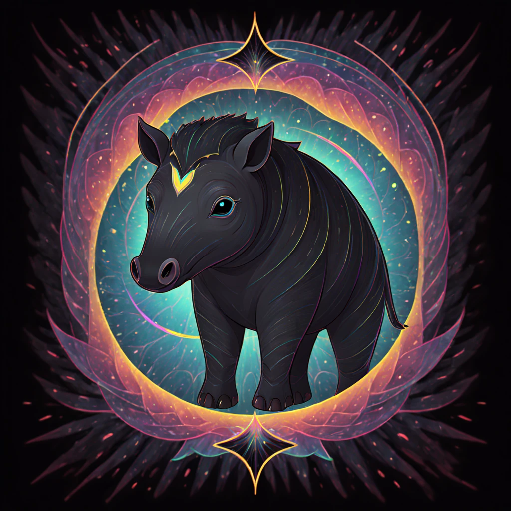 Tapir in two different colors eyes glowing brightly confuse rays emitting from them background is a black abyss with rainbow swirls, in card art style