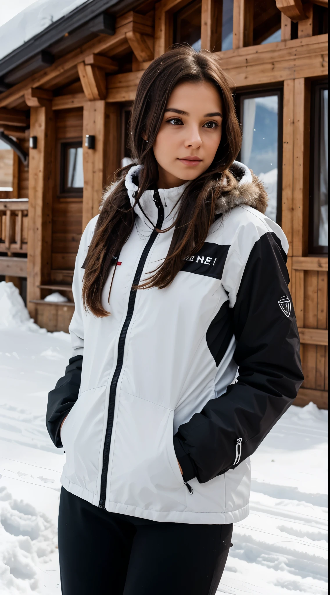 young woman with dark brown hair, attached hair, tied hair, nice ski shuit white and black, taking a posein front of a chalet, chalet of a ski resort, detailed outside chalet