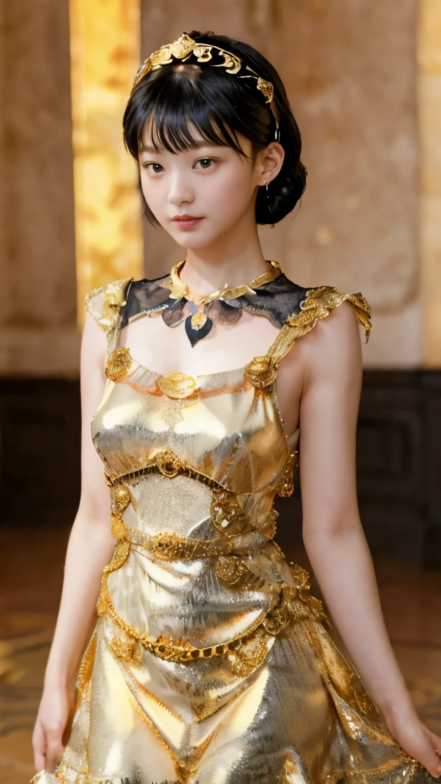 black hair, Surrealism, 8k, super detail, UHD, masterpiece, ccurate, anatomically correct, textured skin, super detail, high details, high quality, best quality, 8k，Beautiful woman，(golden dress:1.5)，Glittering costumes，Princess，western castle