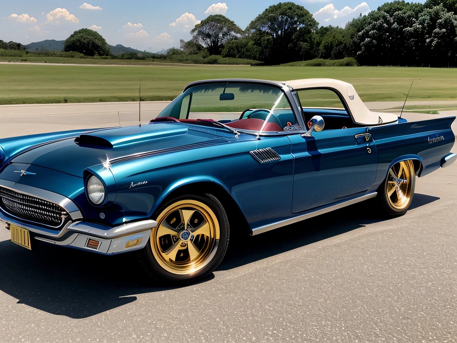 DIAGONAL CAMERA, obra prima, one beautiful girl driving a 1959 ford thunderbird convertible uncovered, COR azul escuro cromado METALICO reflexivo e tendendo para o roxo, todo cromado preto, a pintura reflete a luz do sol, reflexo do brilho da luz na pintura, has GOLDEN WIDE STAR WHEEL is on fire, tem as rodas traseiras maiores, ridiculously lowered suspension at the front, dentro de uma garagem com paredes brancas, imagem em pose diagonal