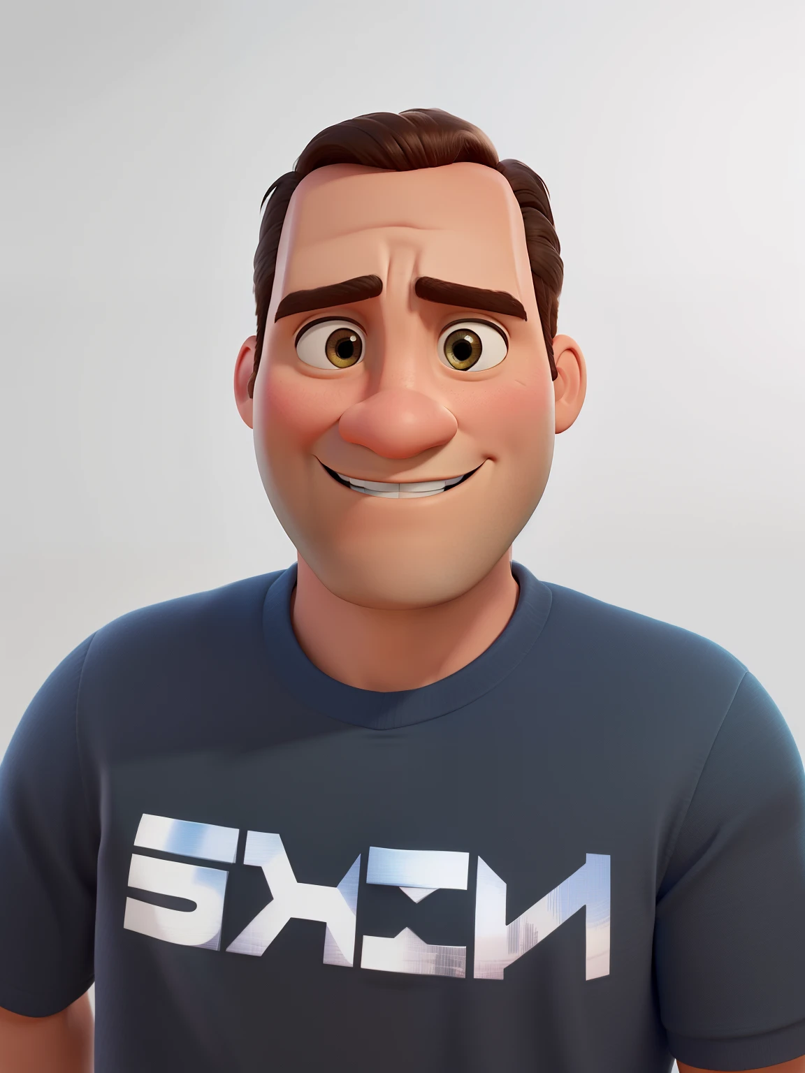 Um Homem estilo disney pixar parada, alta qualidade, melhor qualidade, olhando fixamente para camera, meia idade, rosto redondo, not smiling.