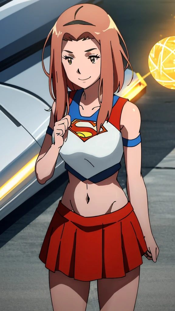 Red-haired Supergirl Photo Portrait、Colorful, realistic round eyes、Dreamy and magical atmosphere、Superheroine costumes、Superman logo on chest、(Feminine abs）、（ shining skin、high gloss skin、Constriction、Professional lighting）、(Red short skirt), anime smirk