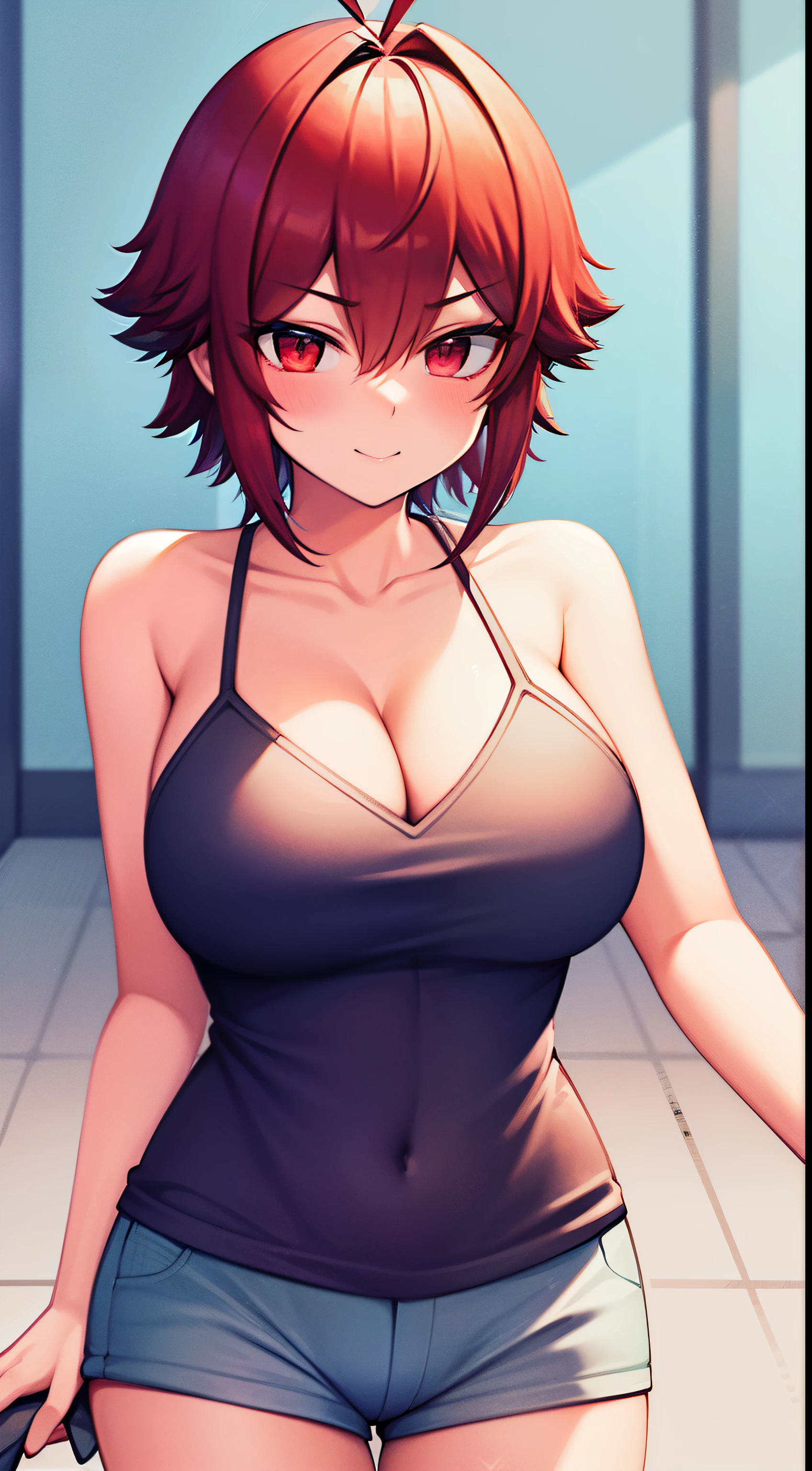 8k, best quality, masterpiece, ultra-detailed, garota linda de anime, sozinha, alone, only a girl, somente uma garota, she is alone, shes alone, olhos vermelhos, olhos avermelhados, olhos de cor vermelha, red eyes, cabelos curtos, solo, red hair, cabelos vermelhos, casual clothes, smug