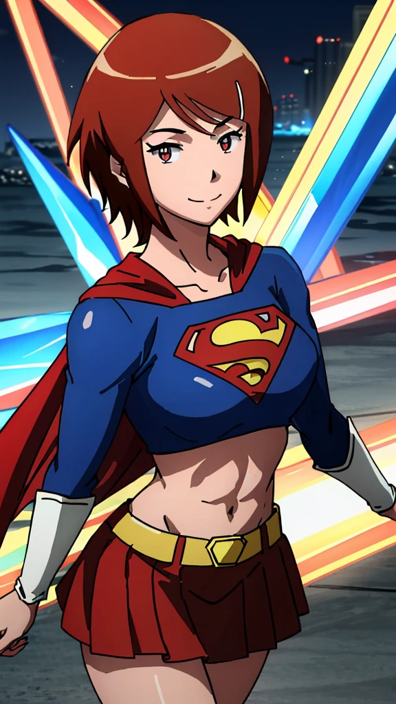 Red-haired Supergirl Photo Portrait、Colorful, realistic round eyes、Dreamy and magical atmosphere、Superheroine costumes、Superman logo on chest、(Feminine abs）、（ shining skin、high gloss skin、Constriction、Professional lighting）、(Red short skirt), anime smirk