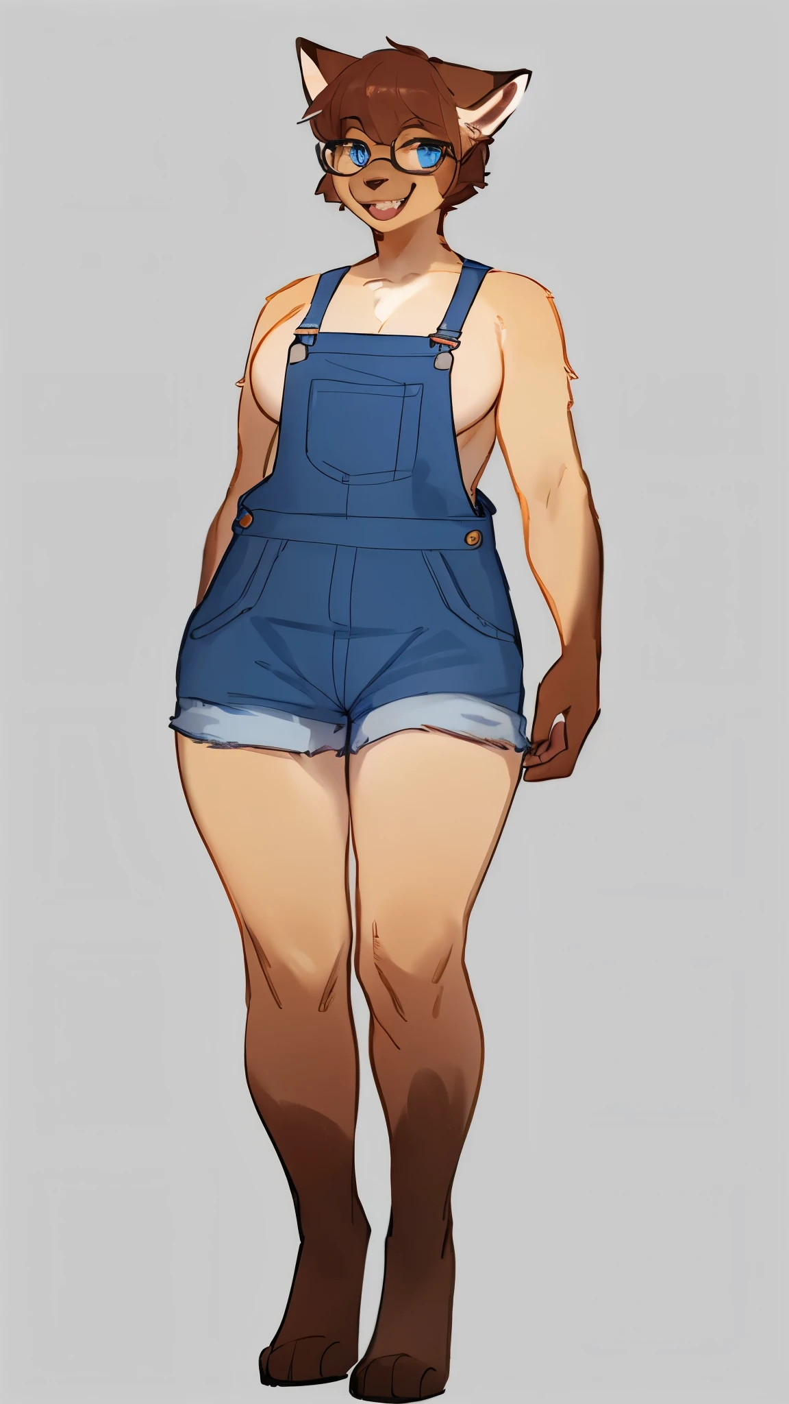 By bebebebebe, by lostgoose, by goonie-san, solo, snout, ears, feline, siamese cat, pale blue eyes, red glasses, brown hair, short hair, hair bangs, muscular, smiling, happy, ((curvy)), brown upper face, offwhite fur, denim overalls only, just wearing overalls, nude besides overalls, female, medium breasts, adult, mature