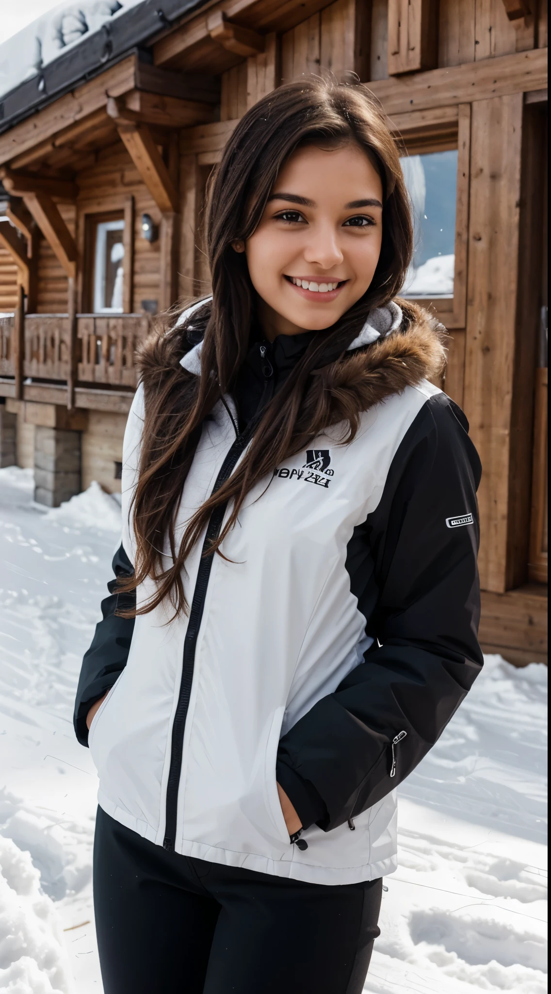 young woman with dark brown hair, smiling , attached hair, tied hair, nice ski shuit white and black, taking a posein front of a chalet, chalet of a ski resort, detailed outside chalet