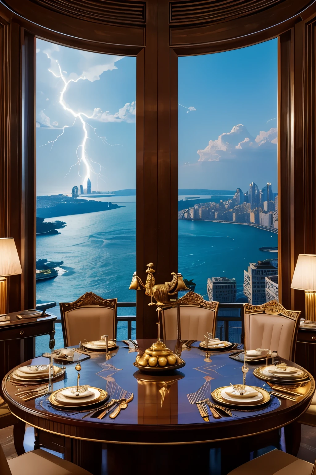 In the heart of New York City's most luxurious Penthouse, the Olympus, a grand gathering of gods convenes. The best quality, 4K, 8K, high-resolution, masterpiece painting unfolds a scene of Greek Mythology brought to life in the modern world.

The ultra-detailed, realistic, photo-realistic portraits captured the gods' vibrant colors and intense expressions. Zeus sat at the table, his imposing stature radiating power, holding a lightning bolt in his hand. Athena, with her sophisticated demeanor, was seen next to him, an owl perched on one hand and a spear in the other.
