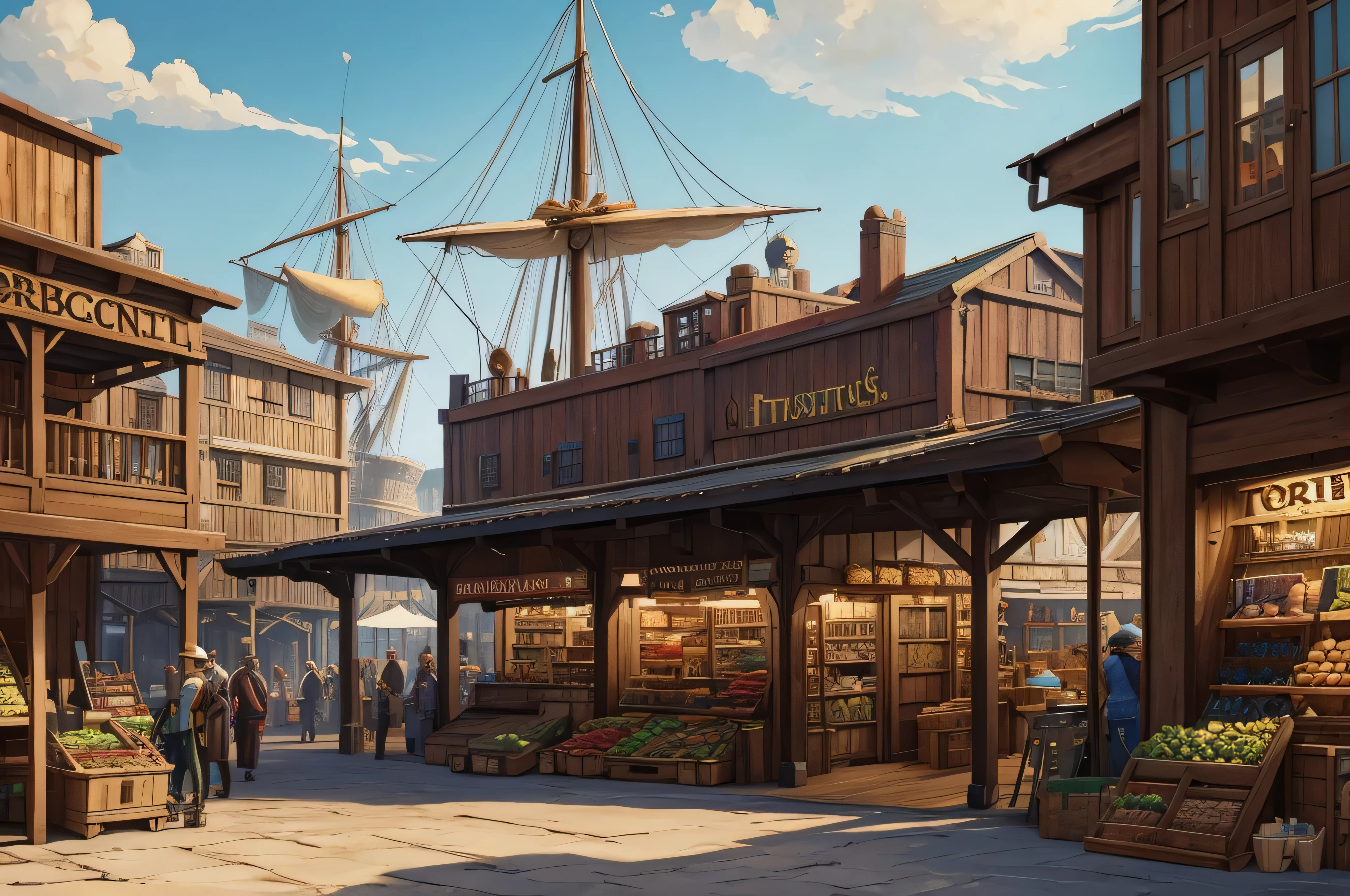 Porto dos Tesouros is a seaside warehouse complex, cada um especializado em um tipo de mercadoria. Um mercado ao ar livre se estende pelas docas, where temporary stalls are set up to receive fresh produce and more immediate goods from docked ships. (arte digital, arte de fantasia, Arte RPG)